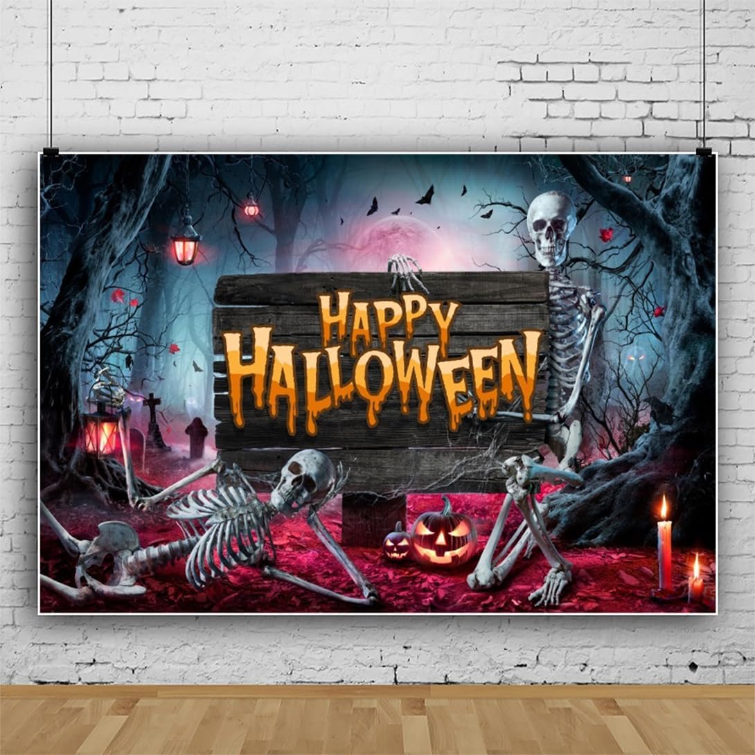 Renaiss 7x5ft Happy Halloween Backdrop for Photography Scary Skull Halloween Banner Bloody Moon Dark Forest Horror Halloween Background Creepy Trunk or Treat Party Decors Photo Booth Props Wallpaper