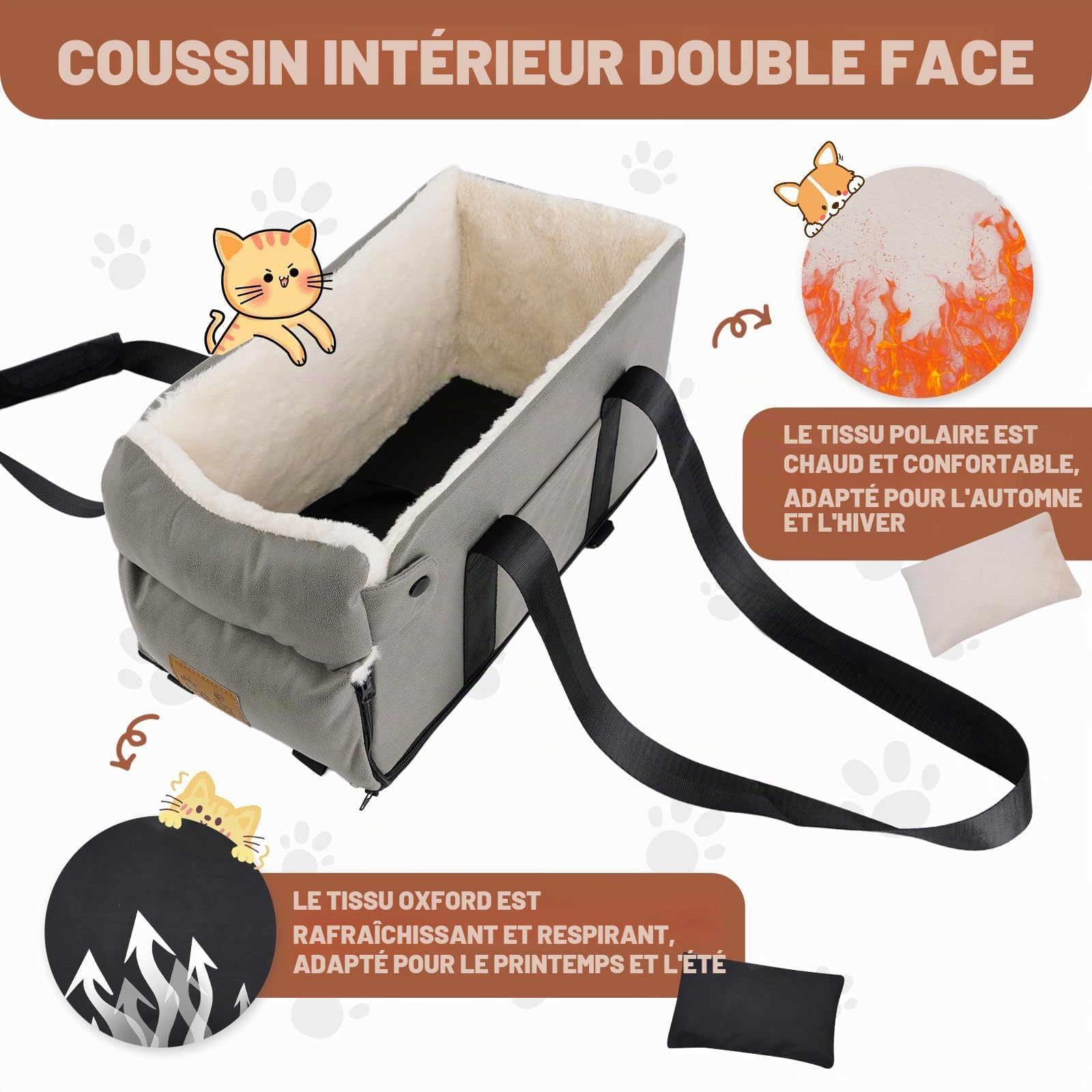 Siège de Voiture pour Chiens et Chats - Rehausseur Amovible et Lavable - Console Centrale pour Animaux de Petite Taille Jusqu'à 5,9 kg
