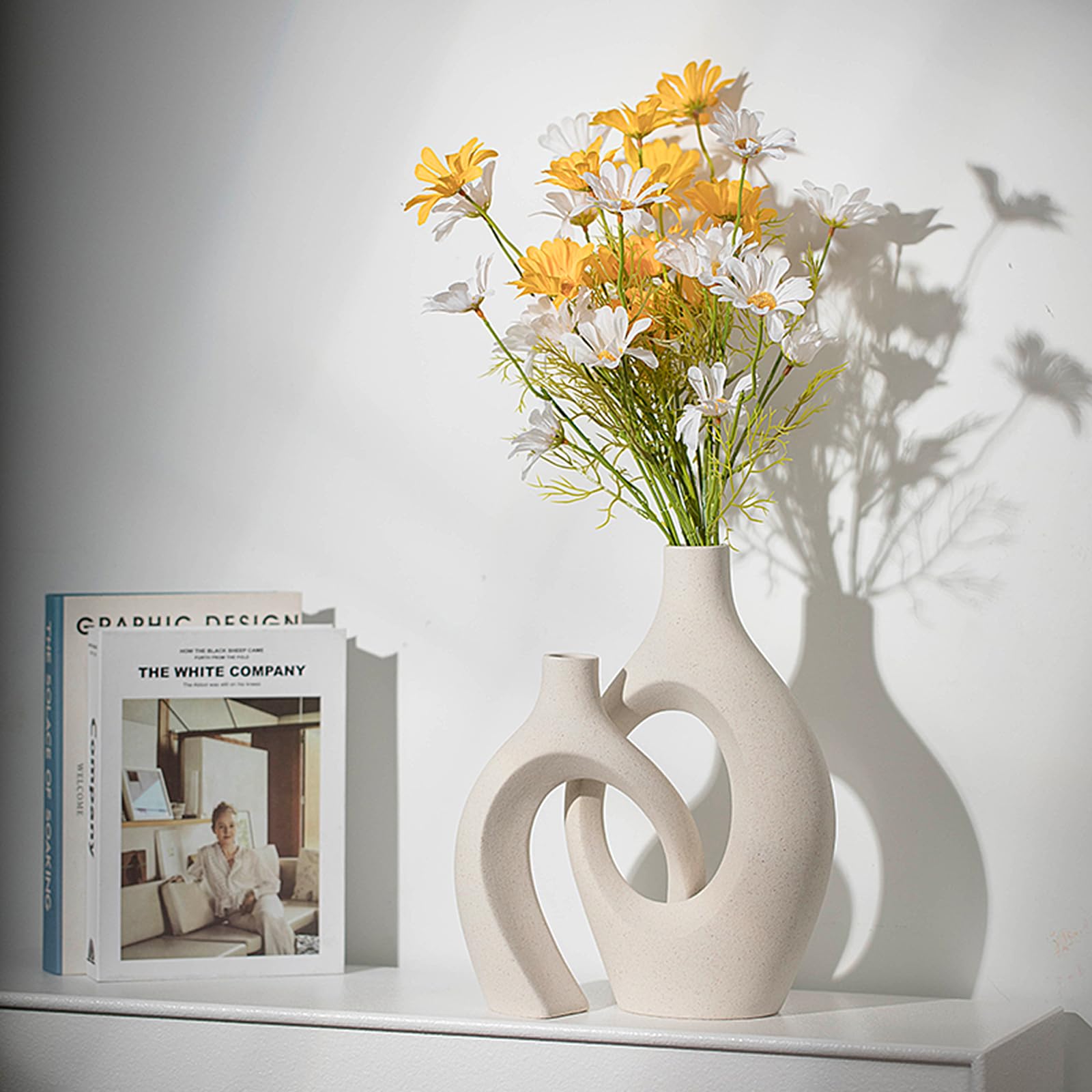 Juego de 2 jarrones Huecos de cerámica, florero Decorativo Interior Beige Moderno para decoración nórdica, floreros Redondos Bohemios estéticos para el hogar, Granja, Mesa de café (XL Beige)