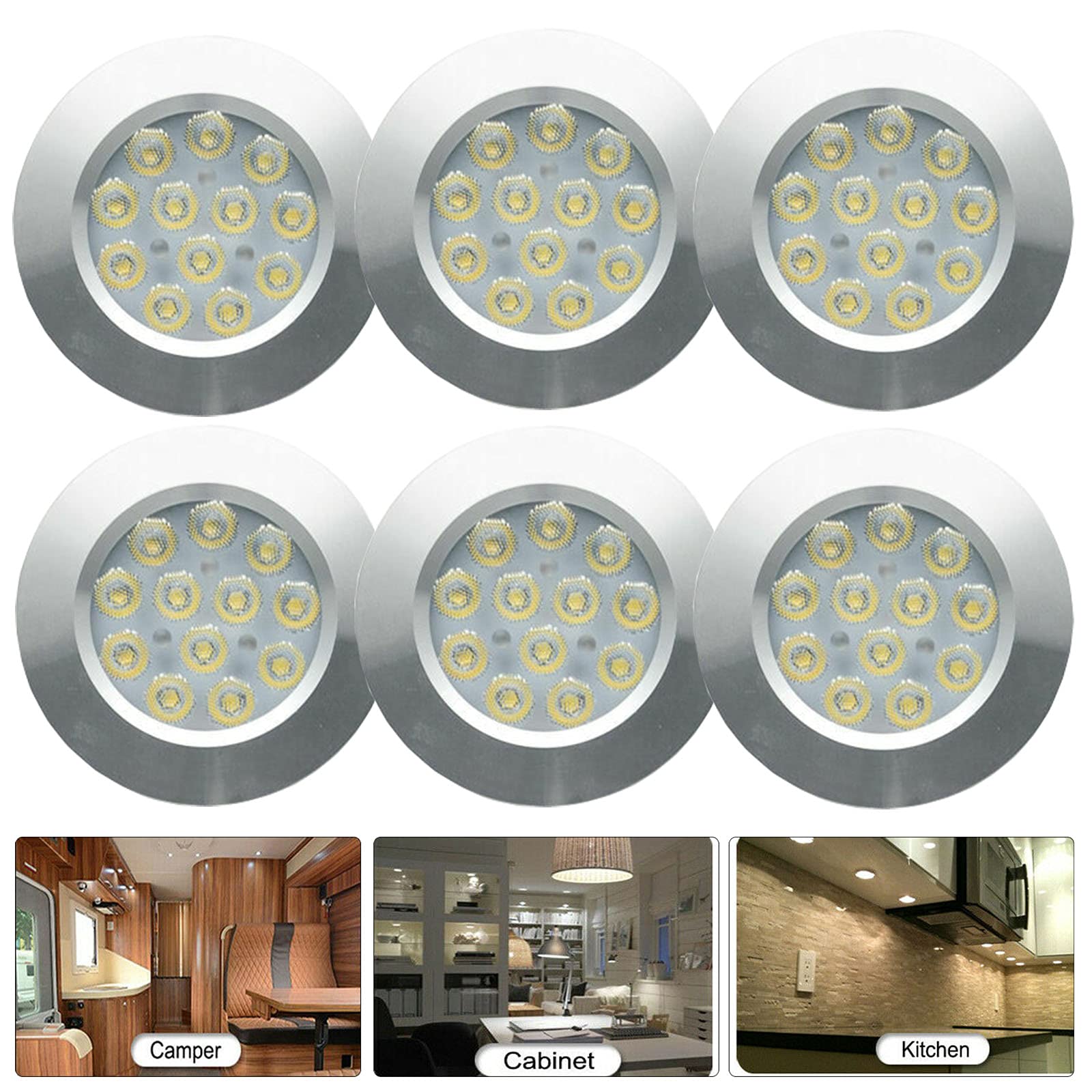 JUTTAUTO 6PCS 12V Interior Spot Light, 3W 12LED Recessed Ceiling Downlight 6000K White Interior Lighting Downlight with Cable for Camper Van Caravan Motorhome Boat