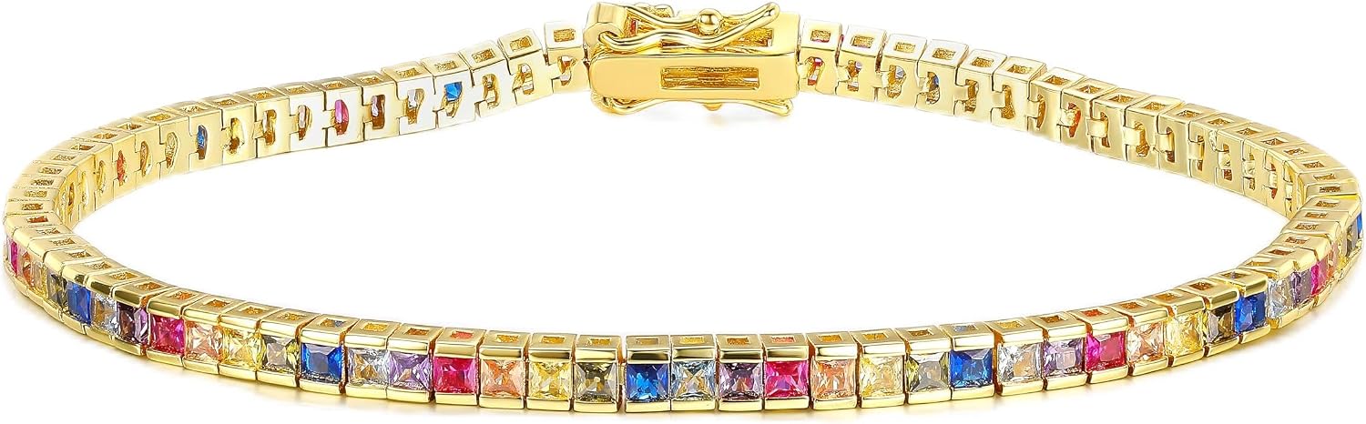Gemsme 2 * 2mm Rainbow Square Tennis Bracelet, 2.0mm Thin 18K White/Yellow Gold Plated Square Colorful Cubic Zirconia Tennis Bracelet for Women