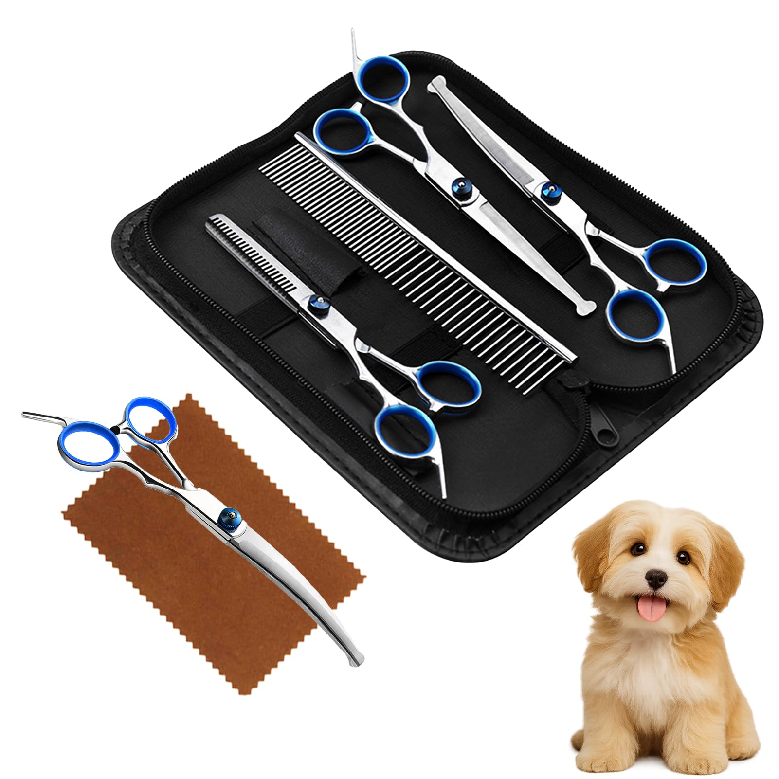 Menibeuty Ciseaux Toilettage Chien Kit, Ciseauxs de Toilettage pour Chiens, Embouts de Sécurité Ronds y Compris Ciseaux à Effiler, Ciseaux Courbes,Ciseaux Droits,Peigne,Ciseauxs Chien Toilettages Bleu
