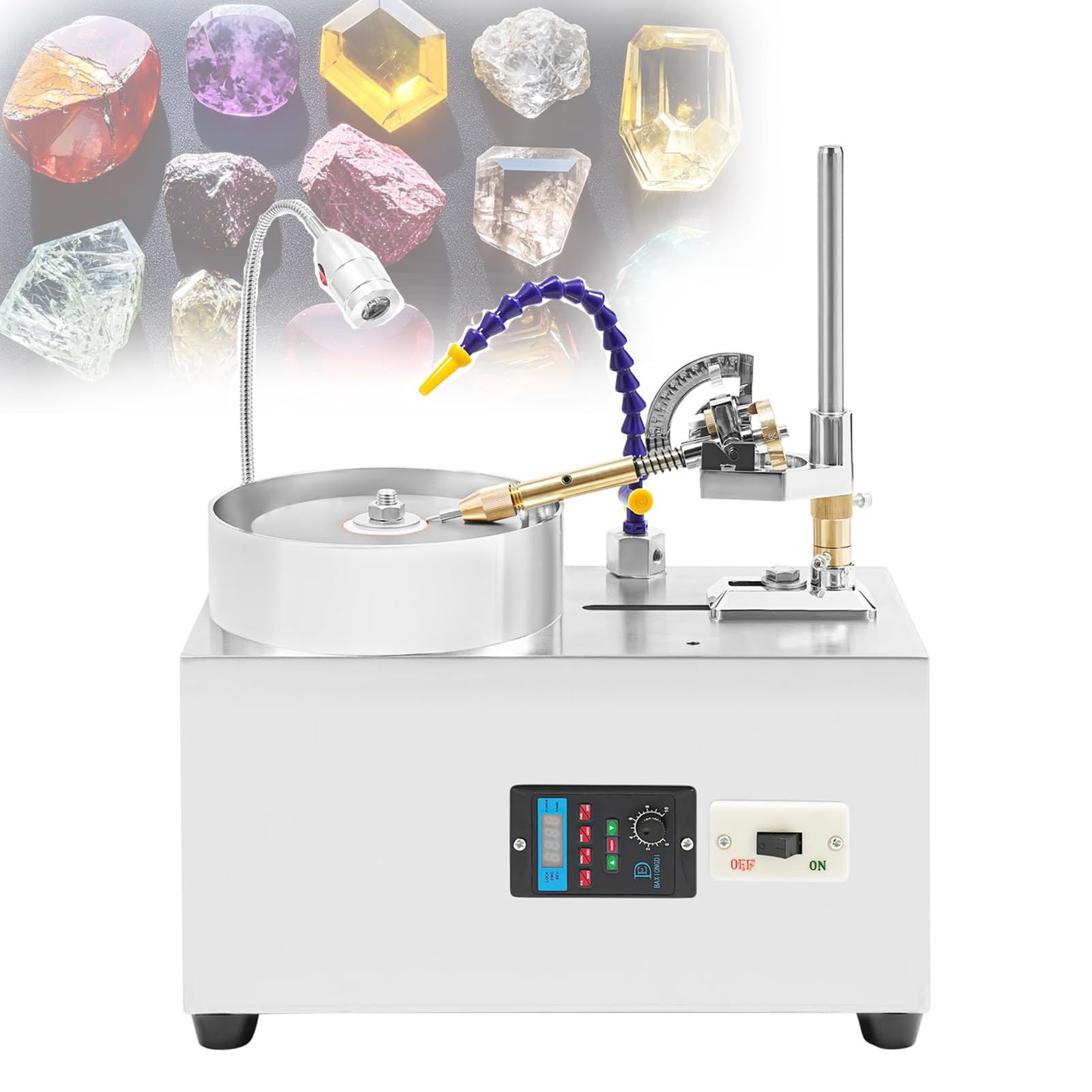 Jade Stone Angle Machine, Gem Faceting Equipment, 180W Motor, Silent Bearing, 80 Nm Torque, 0-2800 RPM Variable Speed, Adjustable Lamp, Splash Protection, Multifunctional Grinding Polishing