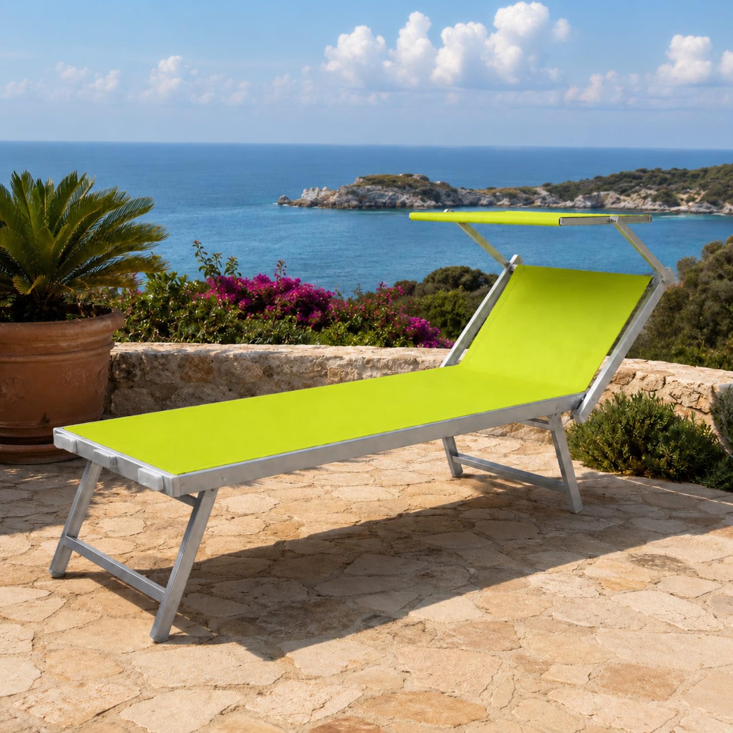 Lettino Prendisole Pieghevole Professionale In Alluminio E Tessuto Textilene Tettuccio Orientabile Tettino Parasole Sdraio Prendi Sole Mare Spiaggia Piscina Giardino Verde Fluo 182 x 60 x 38 cm