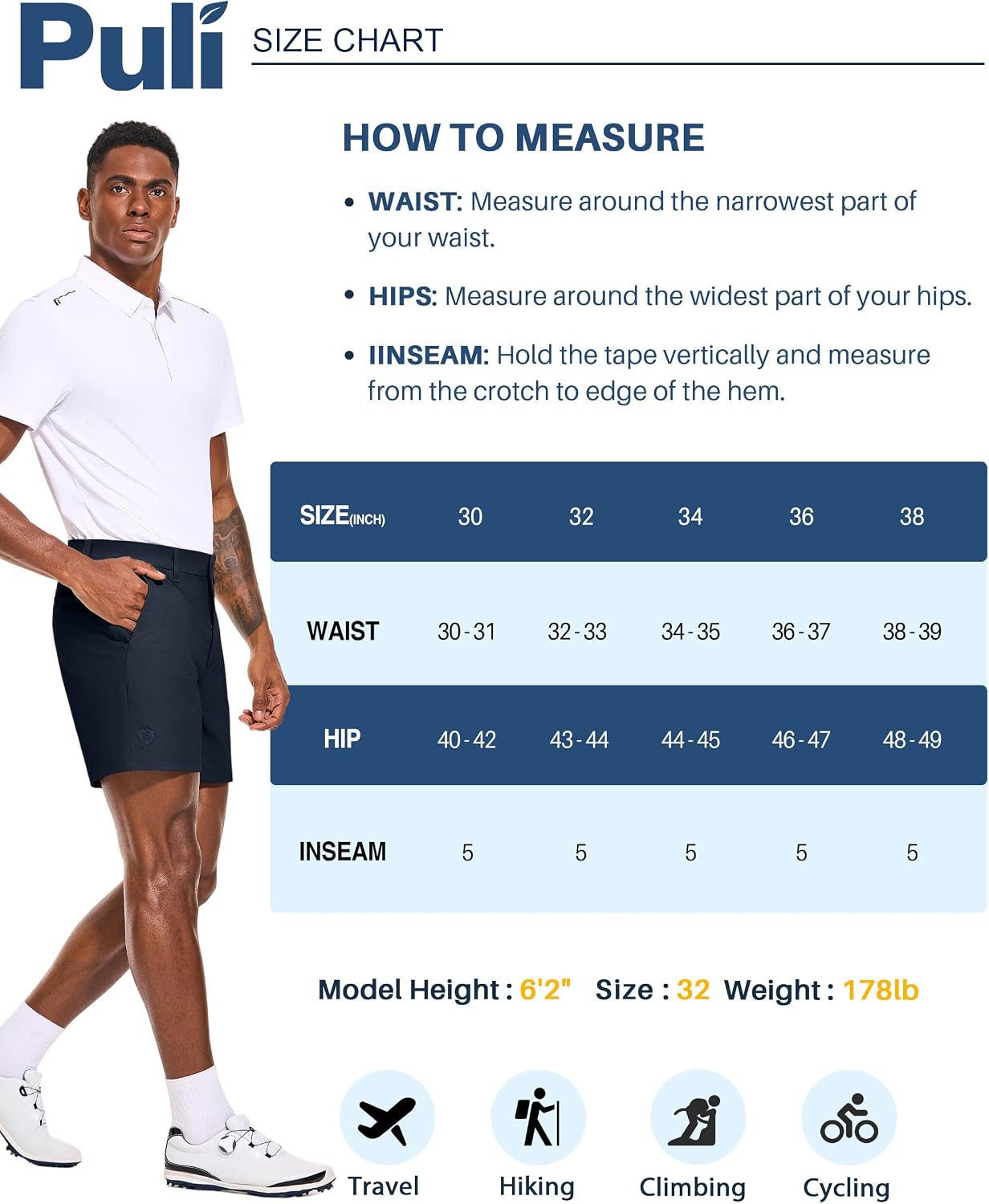 PULI Men's Golf Shorts 5 Inch Stretch Waterproof with 5 Pockets for Travel Hiking Casual Business