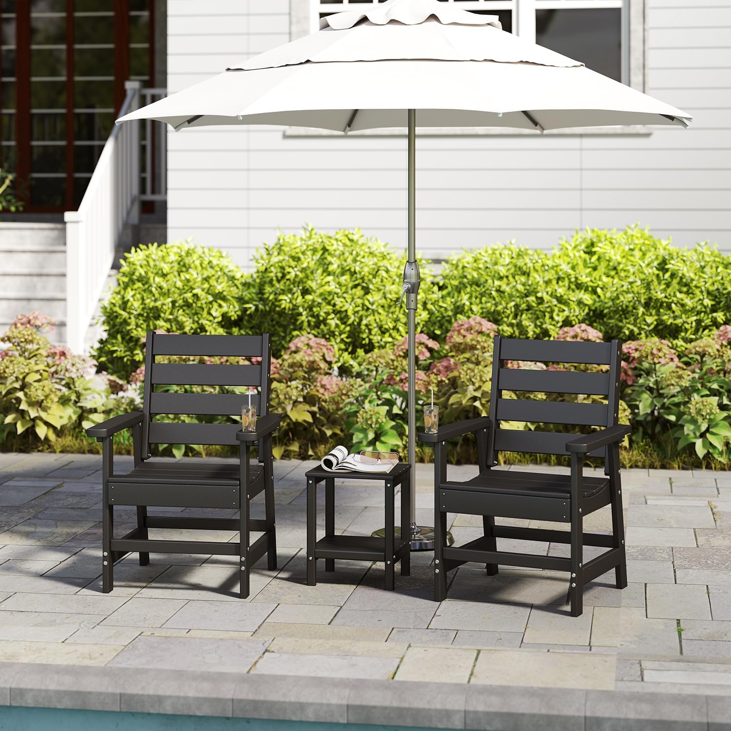 GREENVINES 3 Pieces Patio Furniture Set | Outdoor Bistro Sets for 2 | HDPE Plastic | Chairs and Side Table | for Conversation | All Weather | Balcony Porch Deck Poolside Backyard | Black