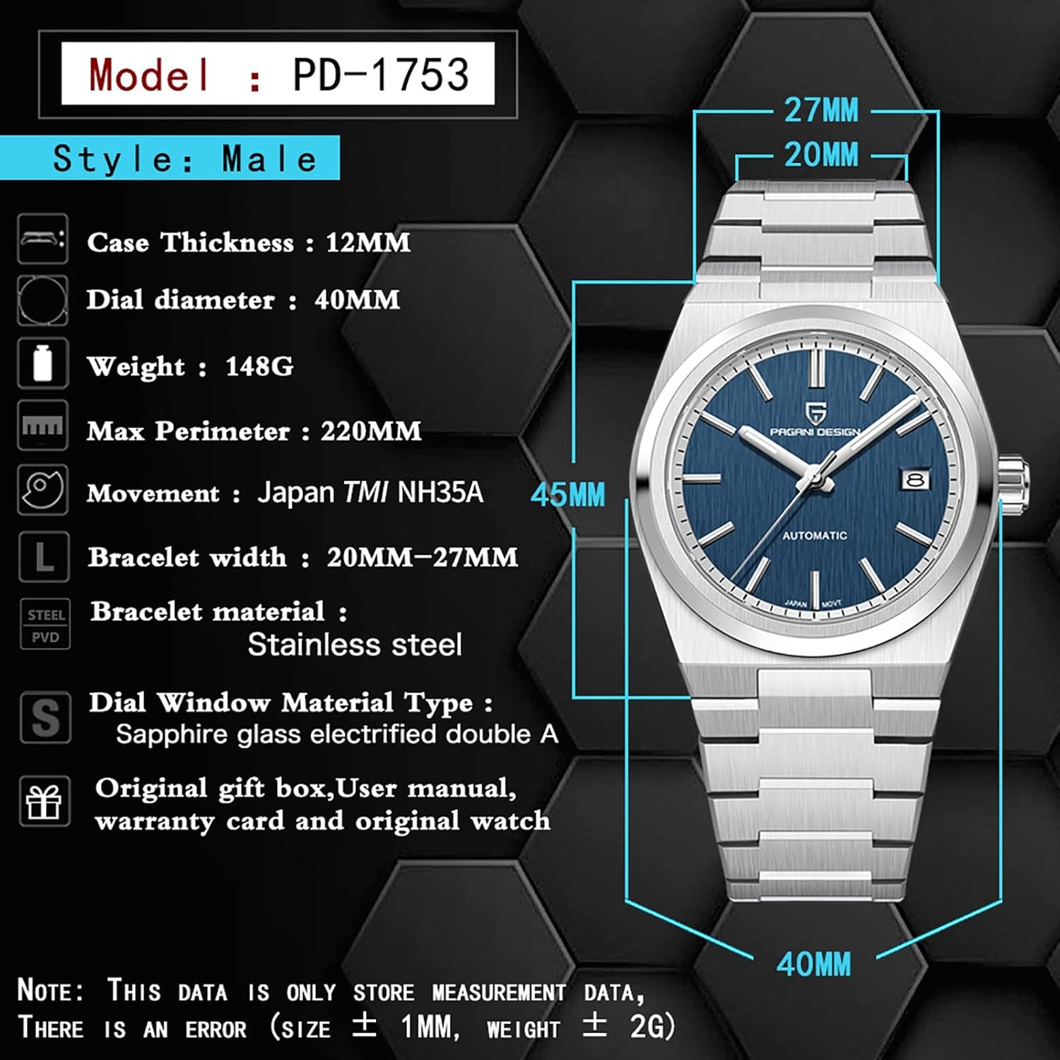 Pagani Design Watches for Men Mechanical Automatic Wrist Watch Waterproof NH35 Movement Sapphire Crystal Luminous Stainless Steel Watch