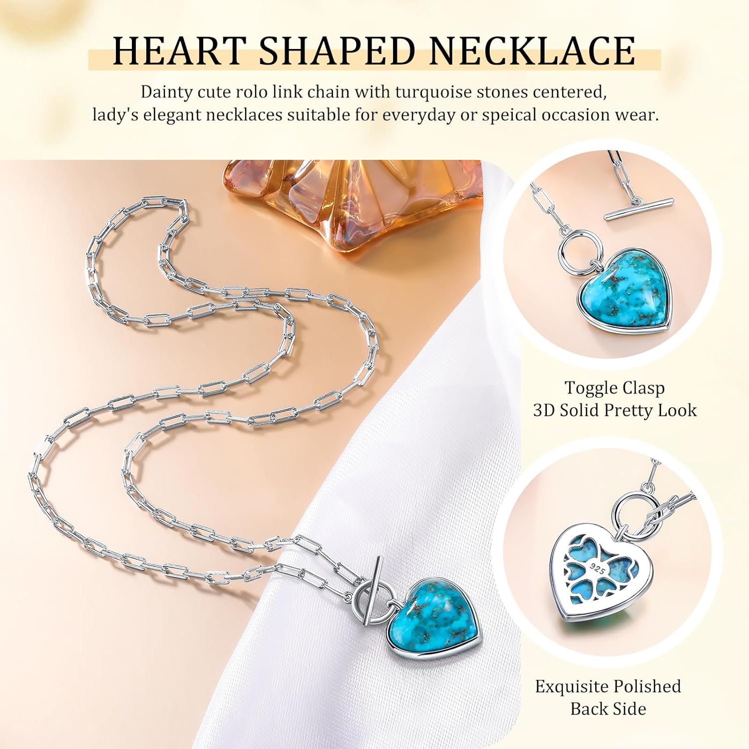 AIBAO Natural Turquoise/Coral/Lapis Lazuli/Malachite Necklaces for Women Sterling Silver Gemstone Toggle Necklace Western Boho Jewelry - Image 5