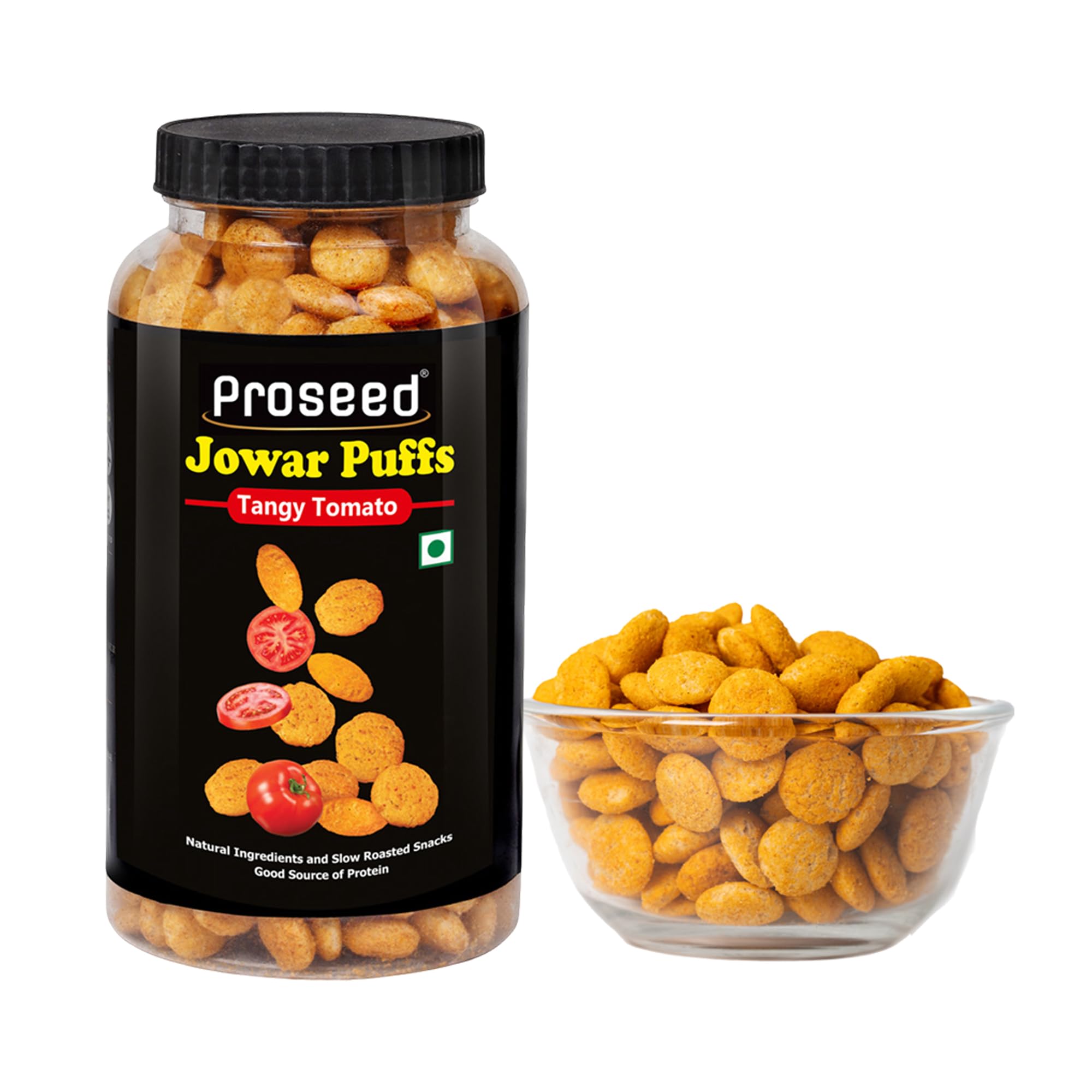 Proseed Jowar Puffs (Tangy Tomato) | 150g x 1 Pack | Slow Roasted & 100% Veg | No Refined Flour, Sugar & Trans-Fat | Gluten Free | No Palm Oil | Healthy Travel Friendly Millet Snacks