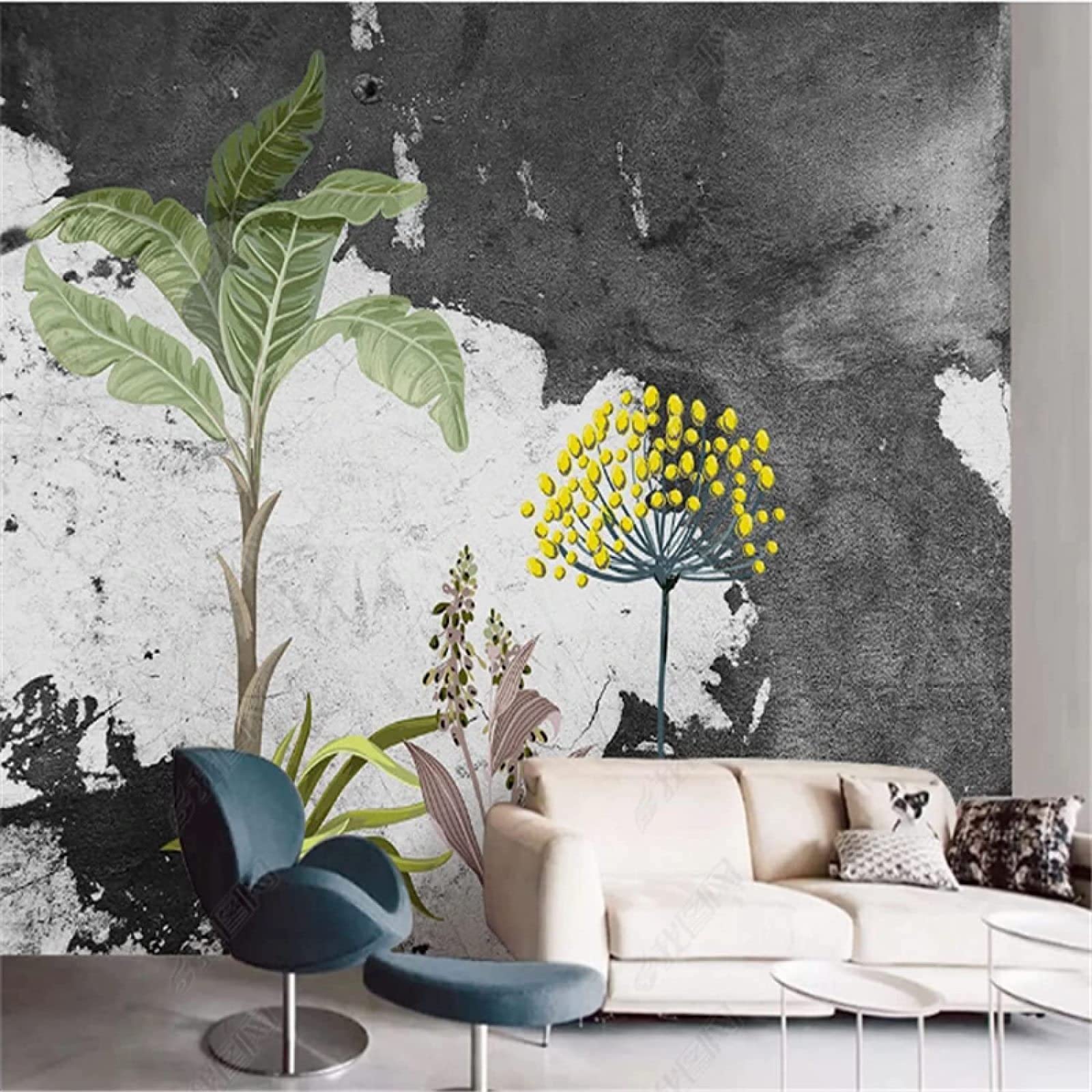 Amazon 3d壁紙不織布 現代抽象芸術インク葉植物 リビングスペースとフィーチャーウォール用リビングルームオフィススタディ壁画装飾 350x245cm 壁紙