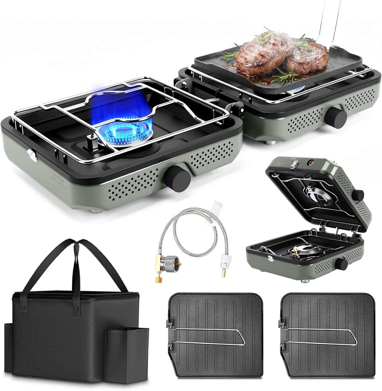 Hisencn Camping Stove,2 Burner Propane Camping Stove,Dual Griddles,30,000 BTU Portable Propane Stove with Carry Bag,Outdoor Cooking Stove set for Camping Gear,RV Essentials,Camp Gifts for Man,Green