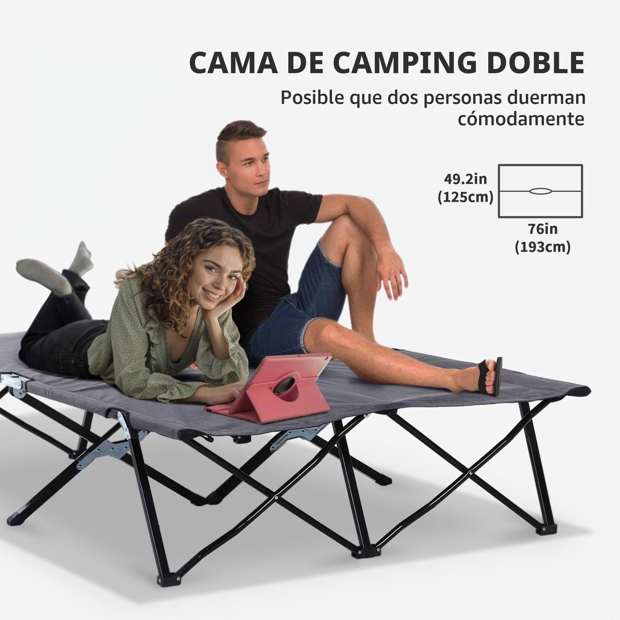 Outsunny Cama doble para acampar, cama de camping, cama plegable para exteriores, patio, cama de dormir súper ligera con bolsa de transporte (gris)
