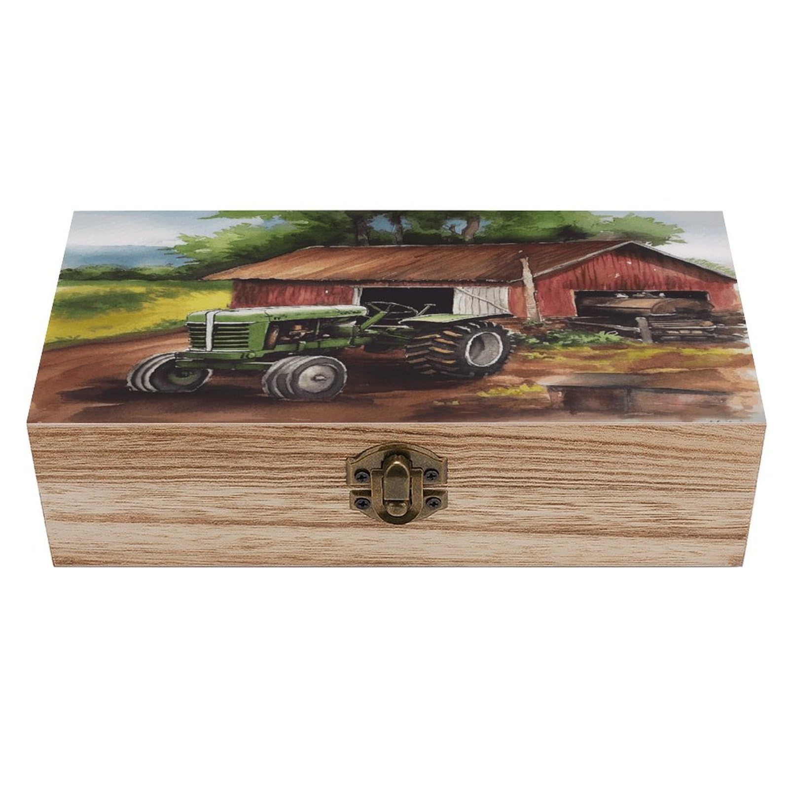 VstaDank Tractor on The Farm Wooden Storage Box Wooden Keepsake Box with Hinged Lid Exquisite Solid Wood Decorative Jewelry Case Memory Box for Jewelry Photos Letters Crafts Trinkets