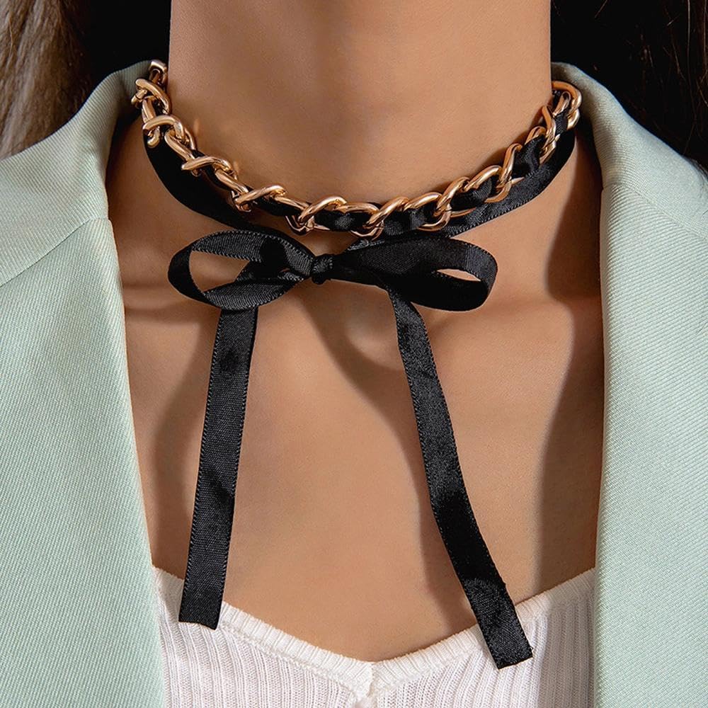 Black Long Ribbon Bow Choker Necklace for Women,Chunky Long Fabric Chain Lace Up Necklace Unique Neck Jewelry - Image 2