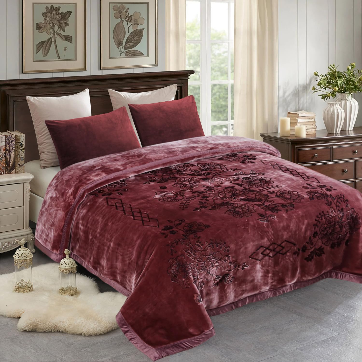 JML Plush Fleece Blanket 87" x 94", 10.5 Pounds Korean Style Mink Blanket King Size for Winter - Soft and Warm, 2 Ply A&B Printed Embossed Raschel Bed Blanket (Flowers Branches Woodrose)