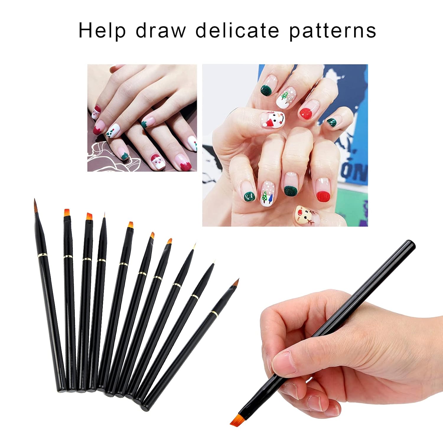 10Pcs Nail Art Design Polish Brush Pen Liner Set, Nail Art Brushes Set Nail Liner Drawing Painting Gel Brush with Black Handle for Acrylic Nail Gel Drawing Painting