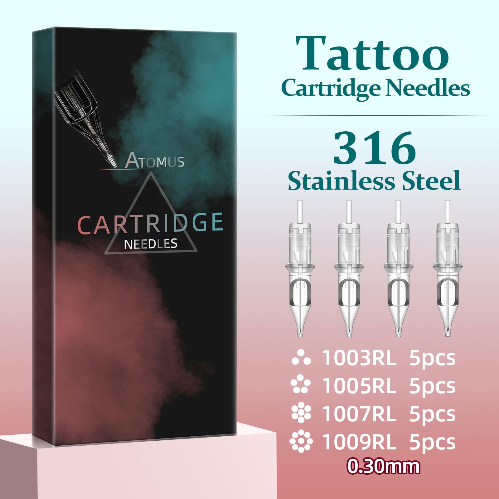 ATOMUS 20pcs Tattoo Cartridge Needles & 20 Disposable Ink Cups, 5pcs Each 1003RL, 1005RL, 1007RL, 1009RL - Image 2