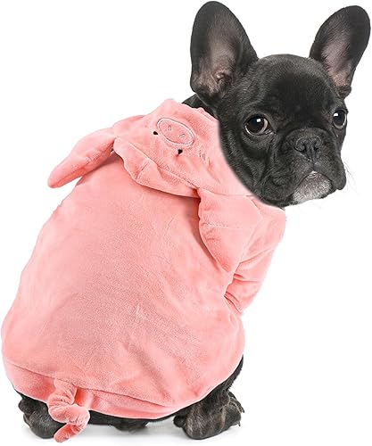 Vista 12 de DELIFUR Disfraz de vaca de Halloween para perro, adorable traje de bulldog francés, linda sudadera con capucha para Halloween, cosplay, disfraz