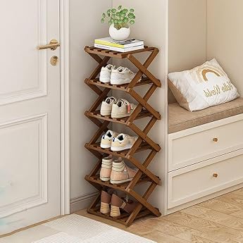 kiss me Vertical Bamboo Shoe Rack Foldable 6 Tiers Assembly Free Brown