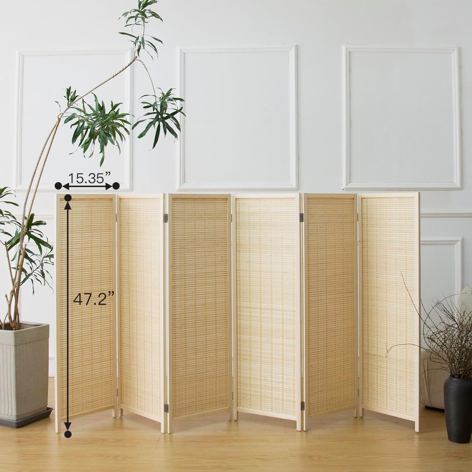 6 Panel Short Room Divider Screen,Beige Freestanding Partition,Small Bamboo Panel Divider for Room Seperation,3.95 FT Tall Beige 6 Panel