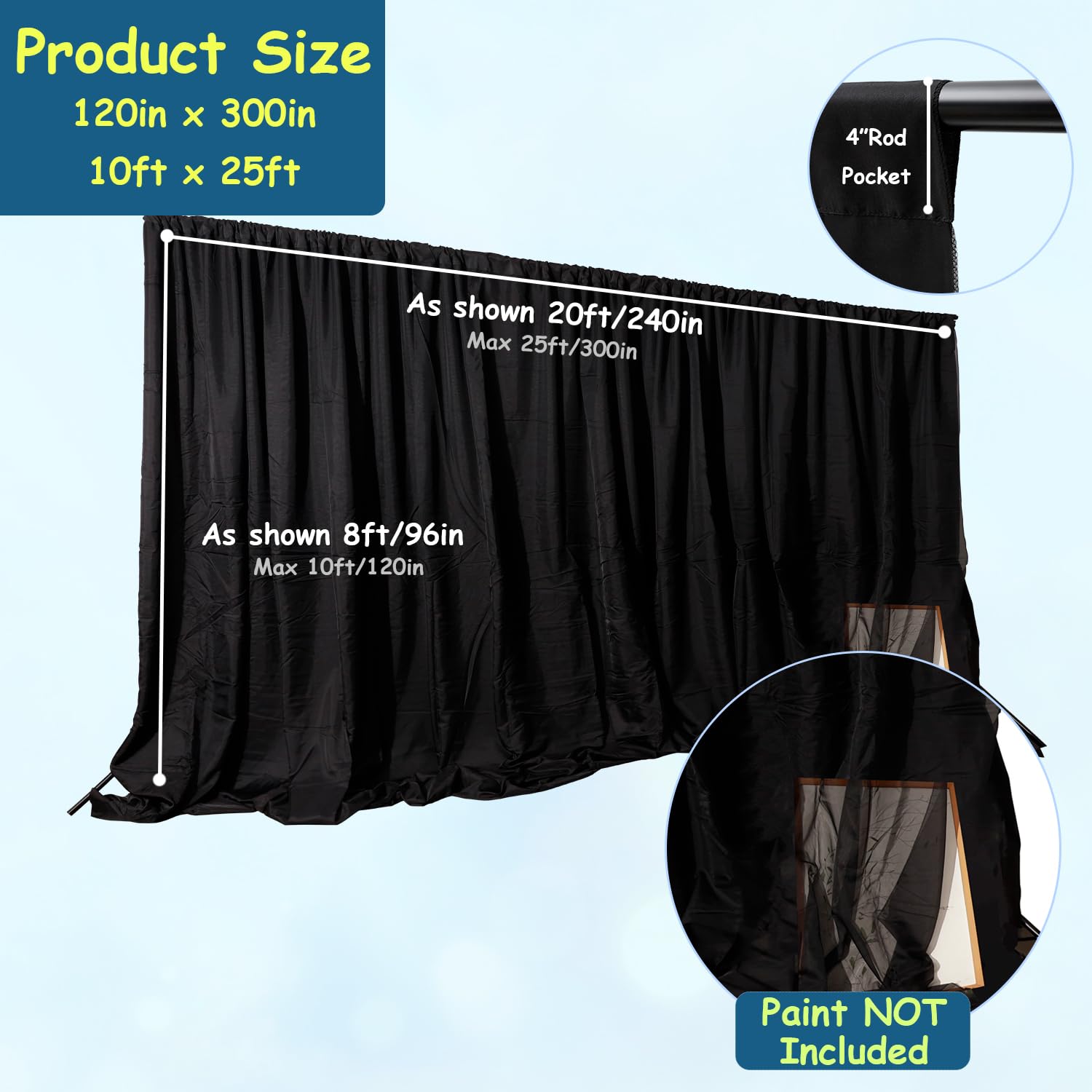 Toile de fond extra large 2 couches une pièce pour cabine d'exposition, noir, 7,6 x 3 m | Mousseline de soie tulle et polyester, rideaux occultants extra larges, toiles de fond théâtrales