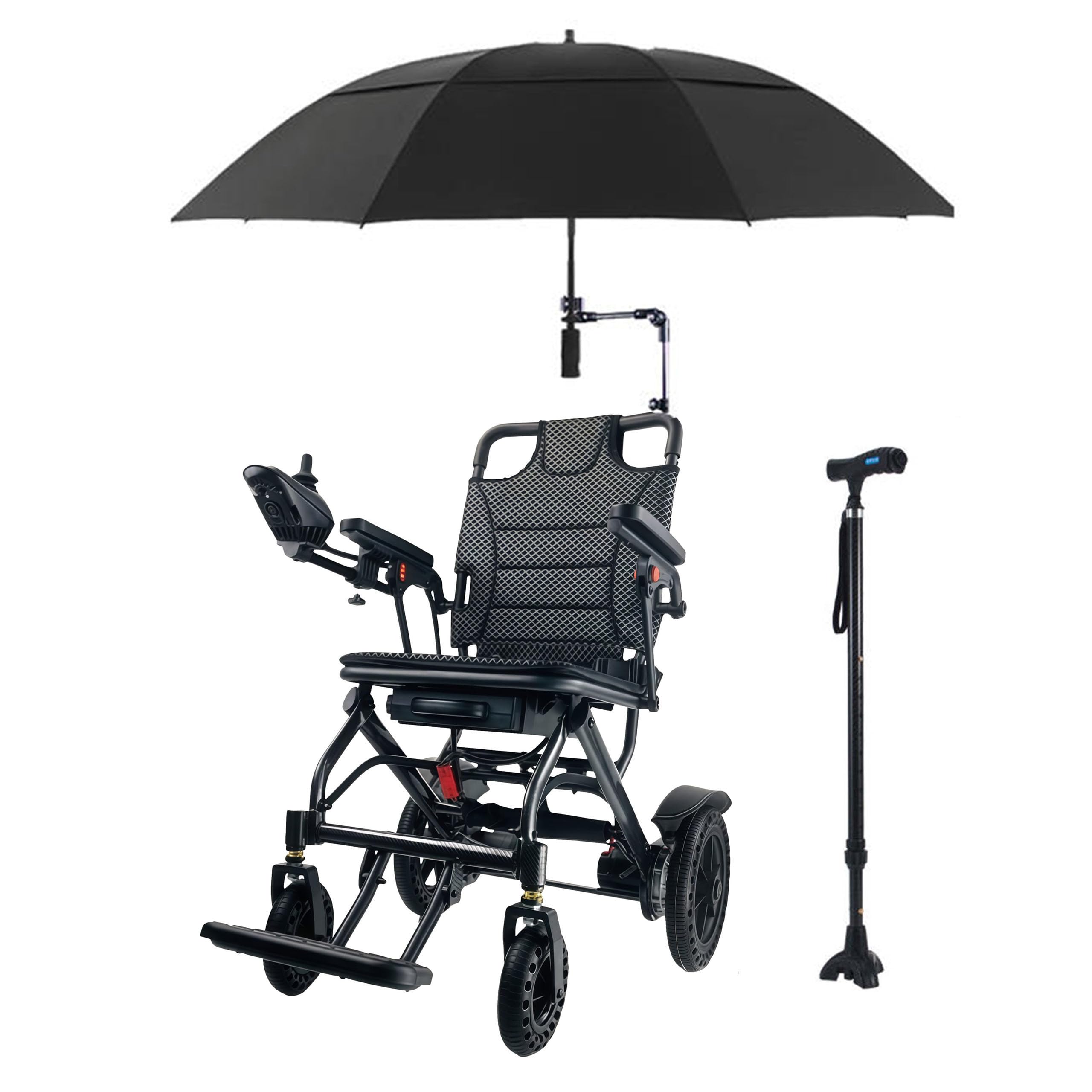 Sedia a rotelle elettrica in alluminio ultra-leggera e pieghevole per adulti, motore motorizzato 360W, capacità 150kg, ultra-leggera 17kg, inclusi ombrello e bastone da camminata,10ah