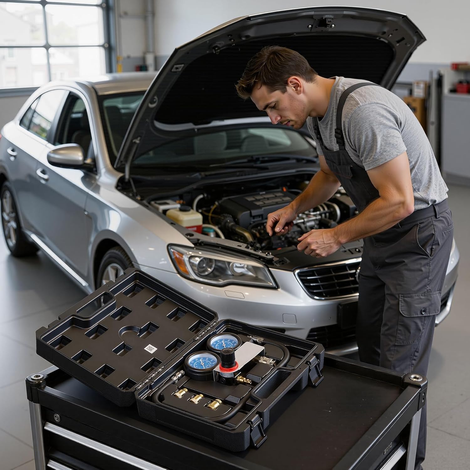 VEVOR Engine Cylinder Compression Tester Kit, Pressure Gauge Range of 0-100 PSI, Automotive Leak Down Tester Kit with 4 Adapters & Air Fittings, Pressure Check & Leakage Rate Test on Cars, Motorcycles