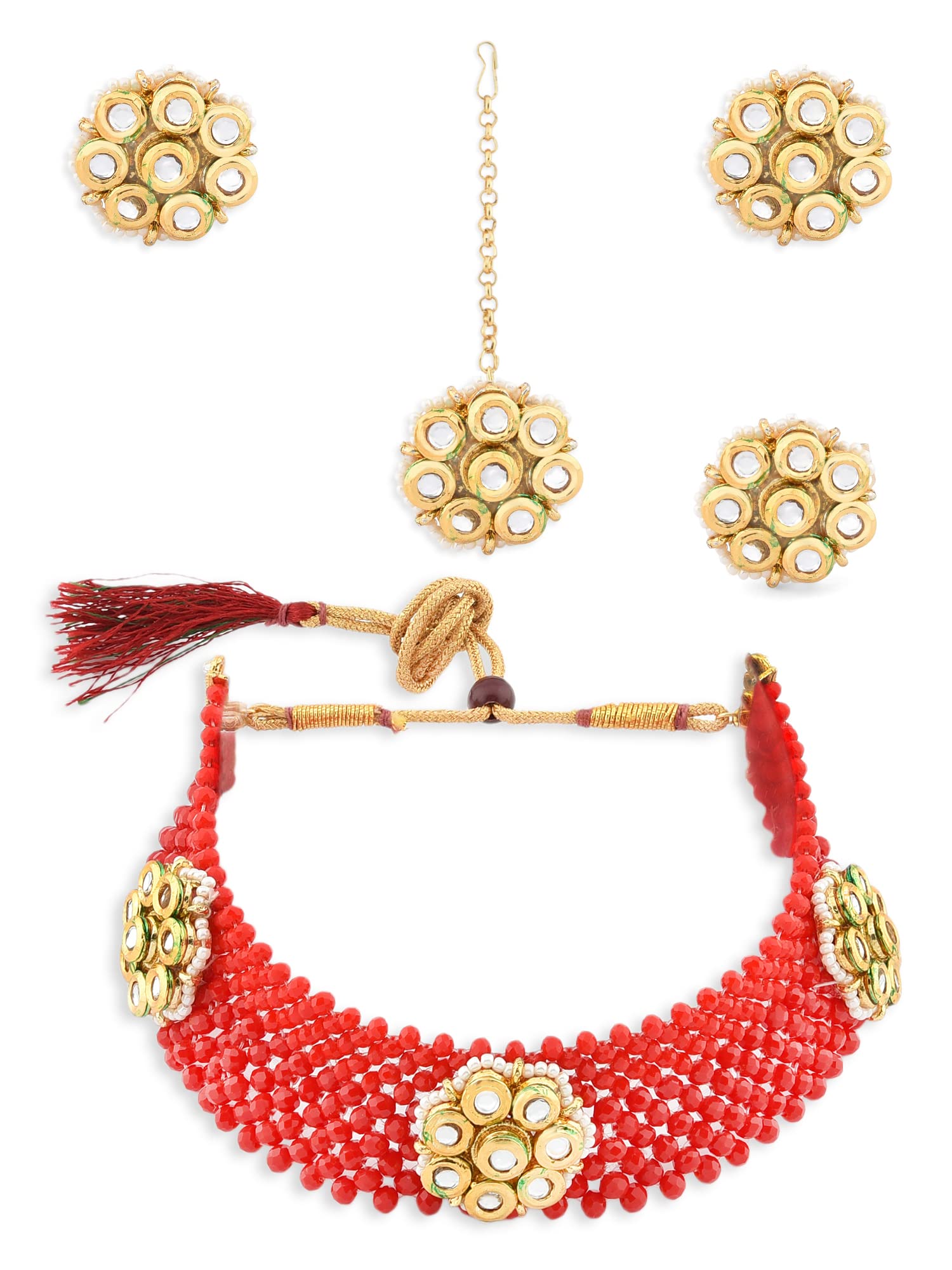ZAVERI PEARLS Red Crystal Beads Woven Kundan Choker Neckalce Earring Maangtikka & Ring Set For Women-ZPFK12740 (B09WVMPZZG) Amazon Price History, Amazon Price Tracker