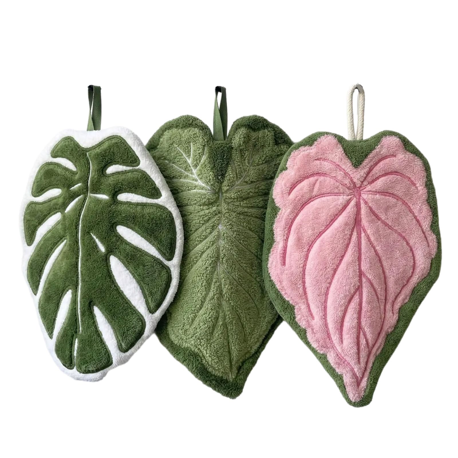 CAZSTYK 3 Piece Leaves Design Hanging Towels Super Soft Corals Fleece Quick Dry Absorbent Hand Towel for Kitchen Bathroom Absorbent Kitchen Towels