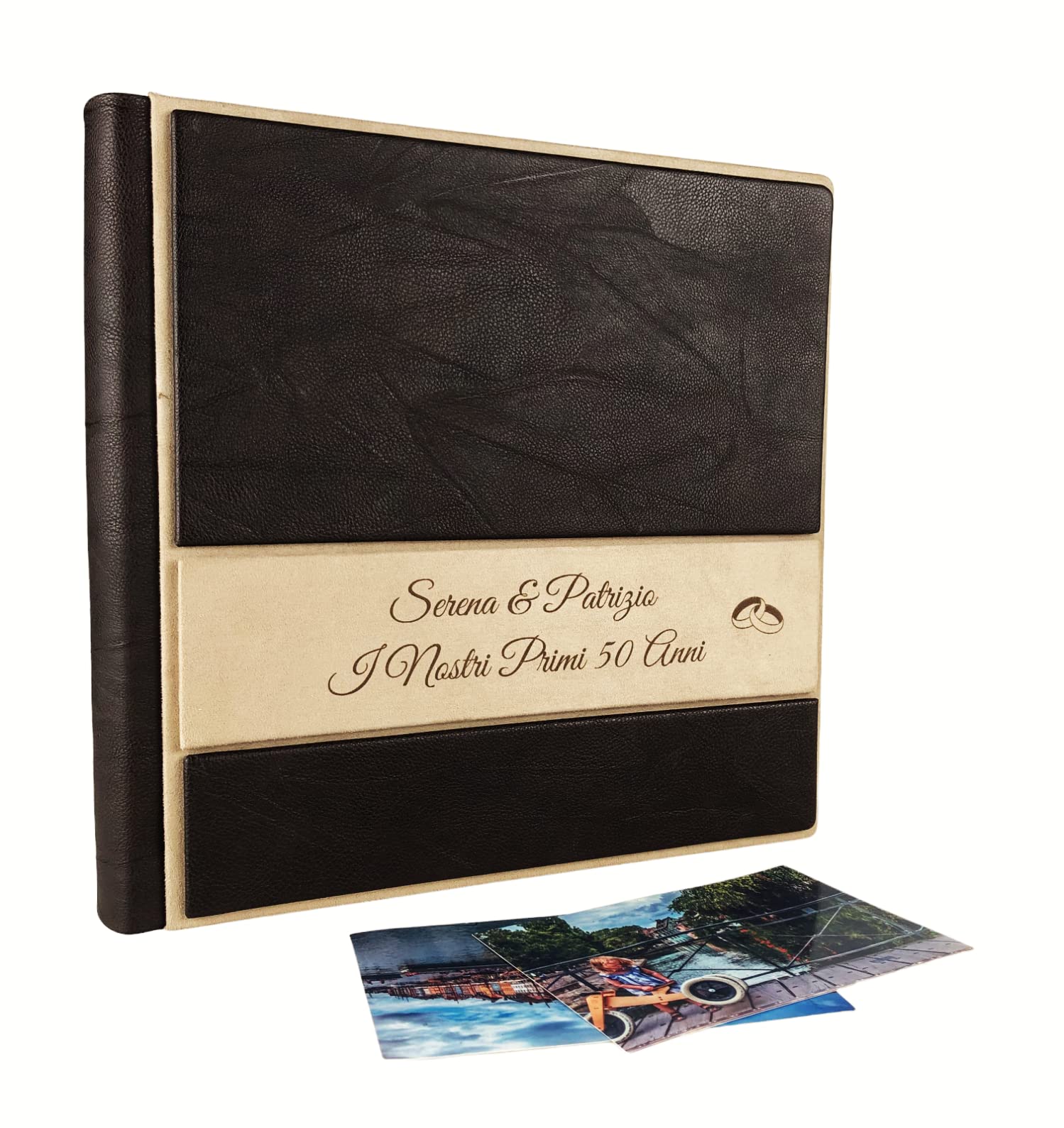 TriVin Art Album Fotografico Artigianale in Alcantara e Similpelle, Personalizzabile con Incisione. Ideale per Qualsiasi Evento. (Marrone Scuro/Avorio)