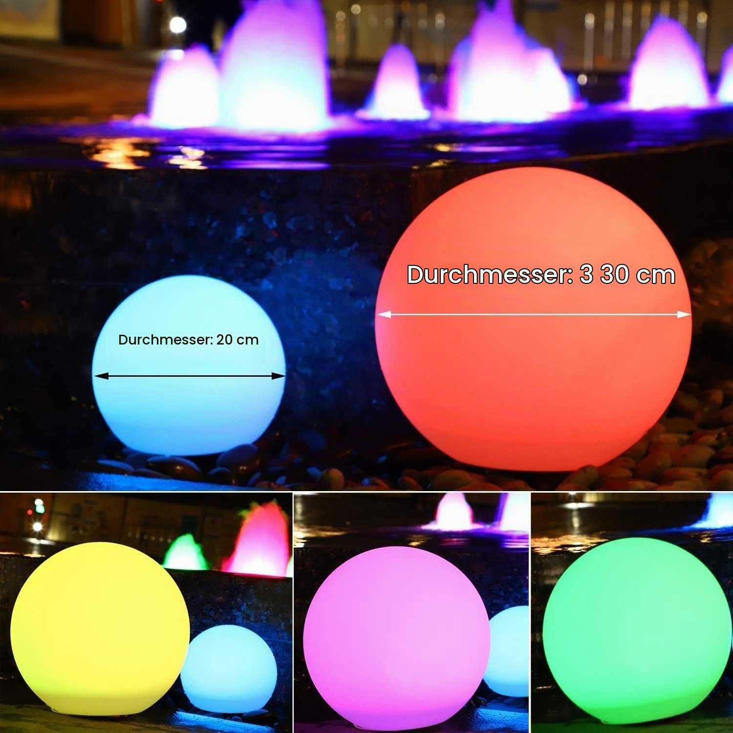 2PCS RGB Solarlampe für Außen, 30cm LED Kugelleuchte mit Fernbedienung, Solarleuchte 16 Farbwechsel, 1200mAh Type-C Aufladbar Kugellampe IP66 Wasserdicht für Teich Balkon Terrasse Rasen Patio Innen