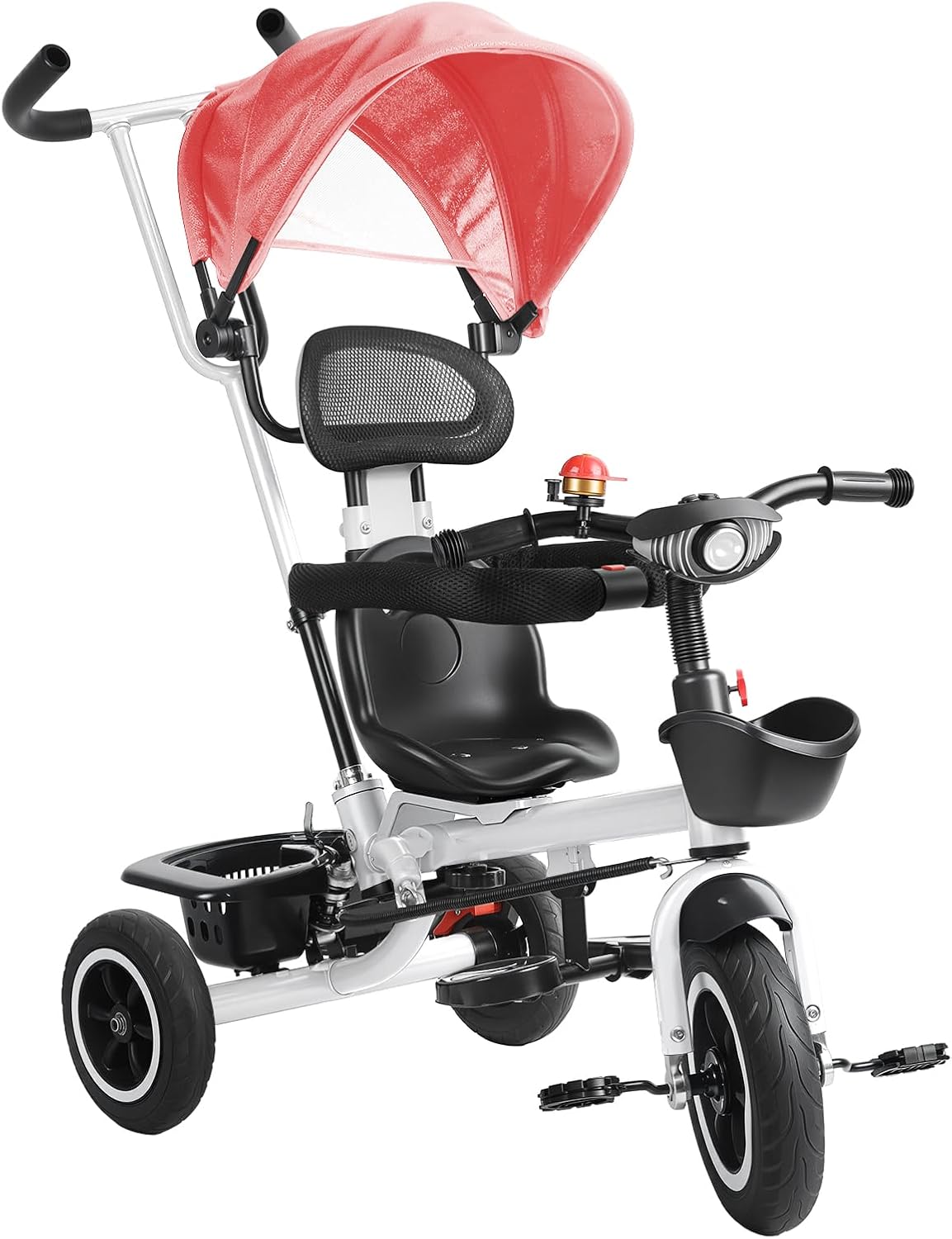 Children Trike, Kids Tricycle with Adjustable Push Handle, Removable Canopy, Safety Harness, Music Headlight, Storage Basket, Kid Push Bike for 3-6 Years Old (Black 2)