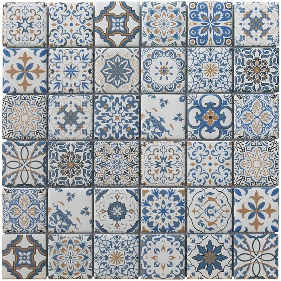 Tenedos Moroccan Design 2 Inch Square Recycled Glass Mosaic Wall Tile Series for Kitchen Backsplash, Bathroom Wall, Pool Tiles (Box of 10 Sheets) (Blues - Sepia)