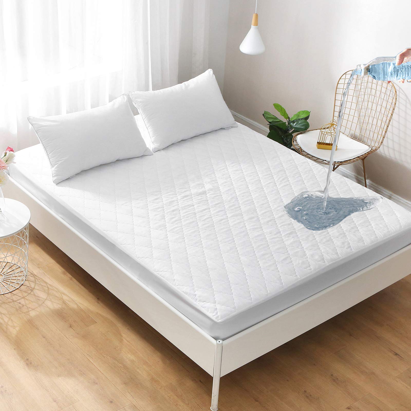 DuShow King Mattress Protector,Waterproof Quilted Mattress Protector,Noiseless Fitted Bed Cover,Extra Deep 40cm Water Resistant Mattress Cover White King,150x203+40cm