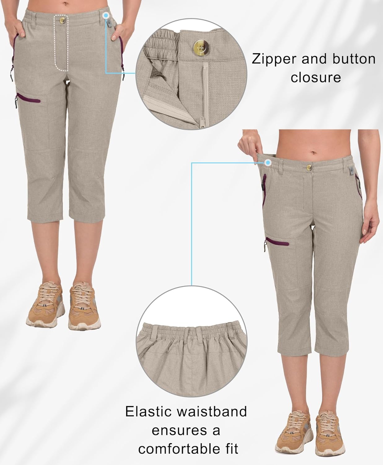 Mapamyumco Women's Capri Pants Quick Dry Lightweight Cargo Hiking Capris Travel Casual Outdoor Zipper Pockets