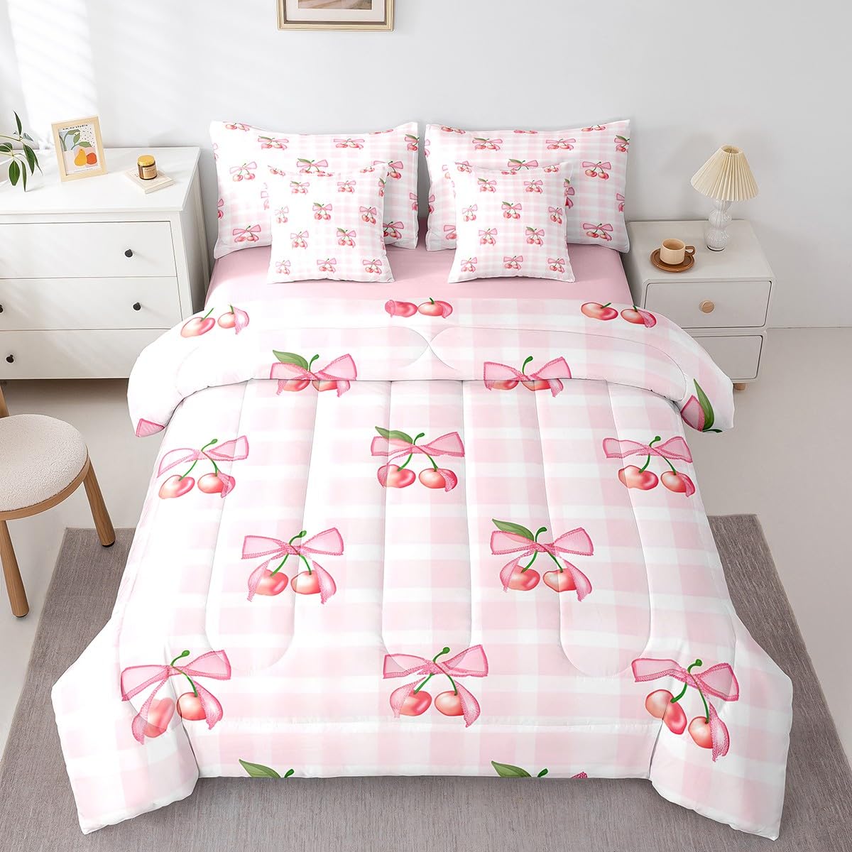 Feelyou Cherry Bow Bed Set Includes Comforter, Sheet Set, Pillowcases & Pillow Covers Cute Cherry 7 Piece Bedding Set Teens Room Decor Cute Bowknot