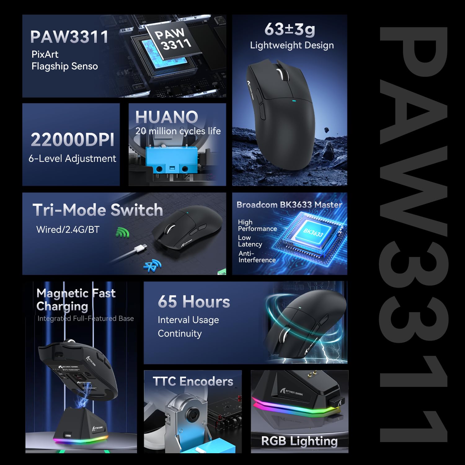ATTACK SHARK X11 Gaming Mouse mit Magnetic Charging Dock, PixArt PAW3311 Sensor, 22000 DPI, BT/2.4G Wireless/Wired, Schwarz