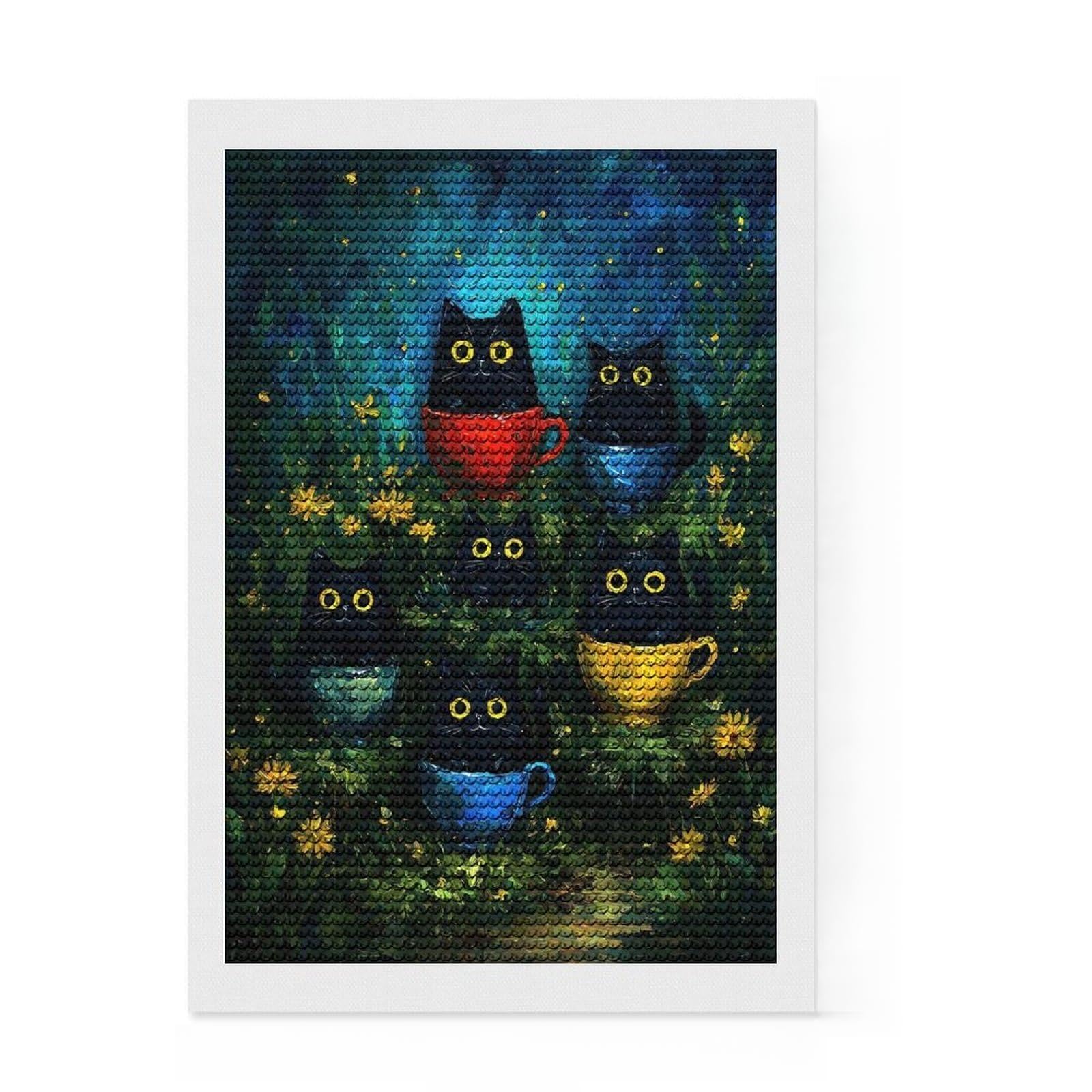 Junmoney Black Cats in Teacups Painting Diamond Painting Canvas Set 8"x12", with Tool Kit, Complete Accessories, Modern Decor, Birthday Gift