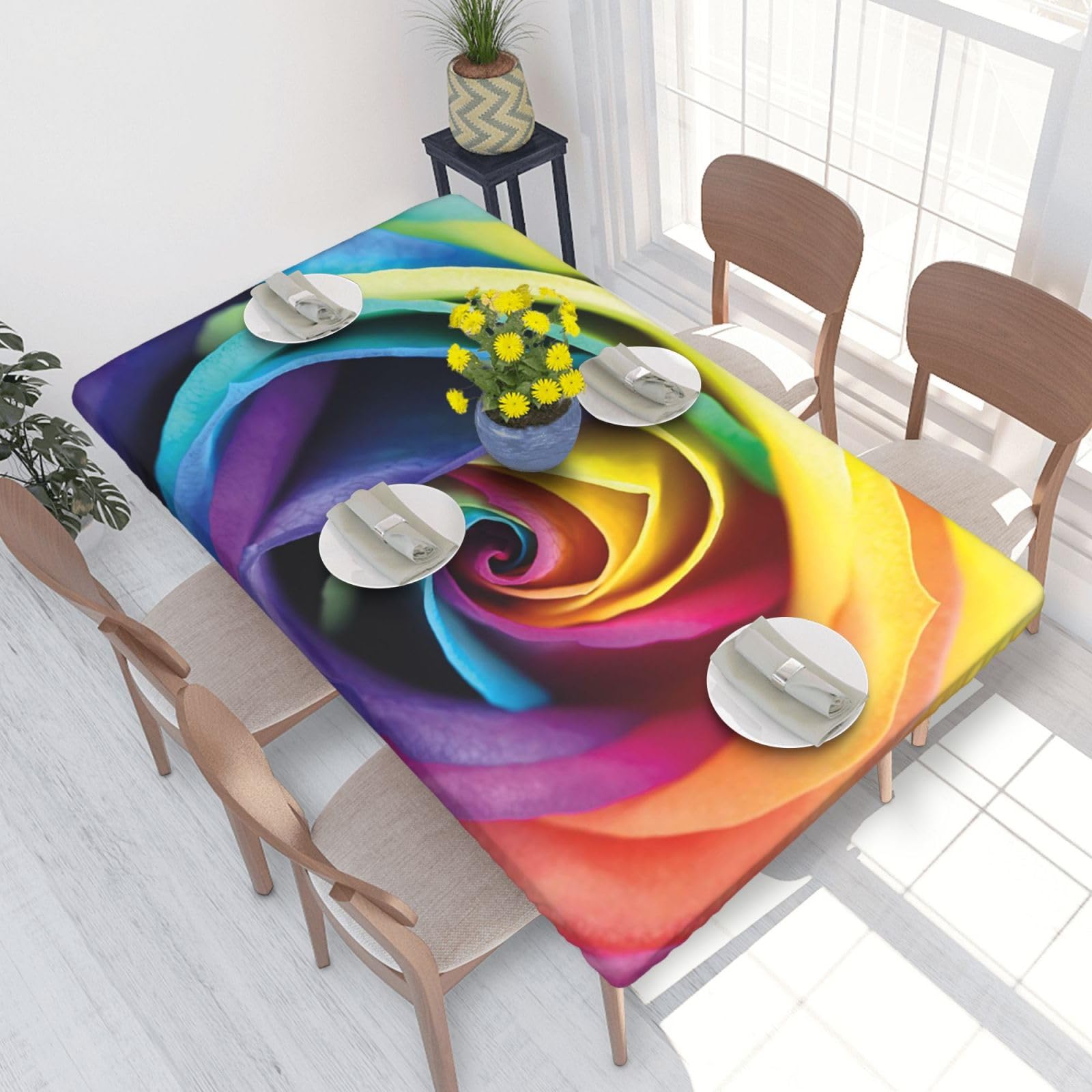 BNVSADC Rainbow Rose Flower Printed 4FT Tablecloth 122x76 CM Polyester Kitchen Water Resistant Table Cloth Dining Table Decoration Table Covers