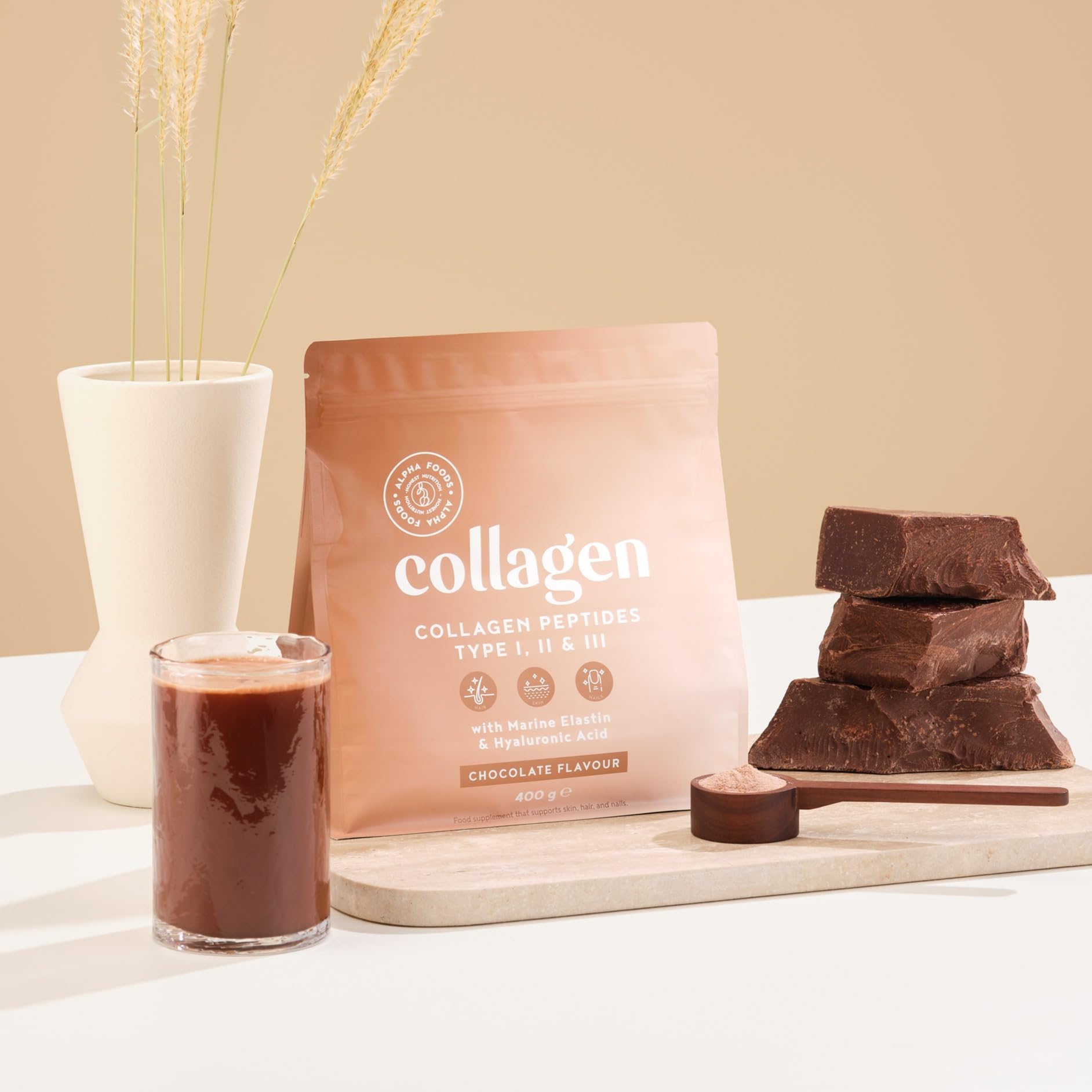 Peptide De Collagene Poudre Type I, II & III + Élastine Marin + Acide Hyaluronique - Collagène Hydrolysé en Poudre Facile à Dissoudre - Chocolat - Alpha Foods
