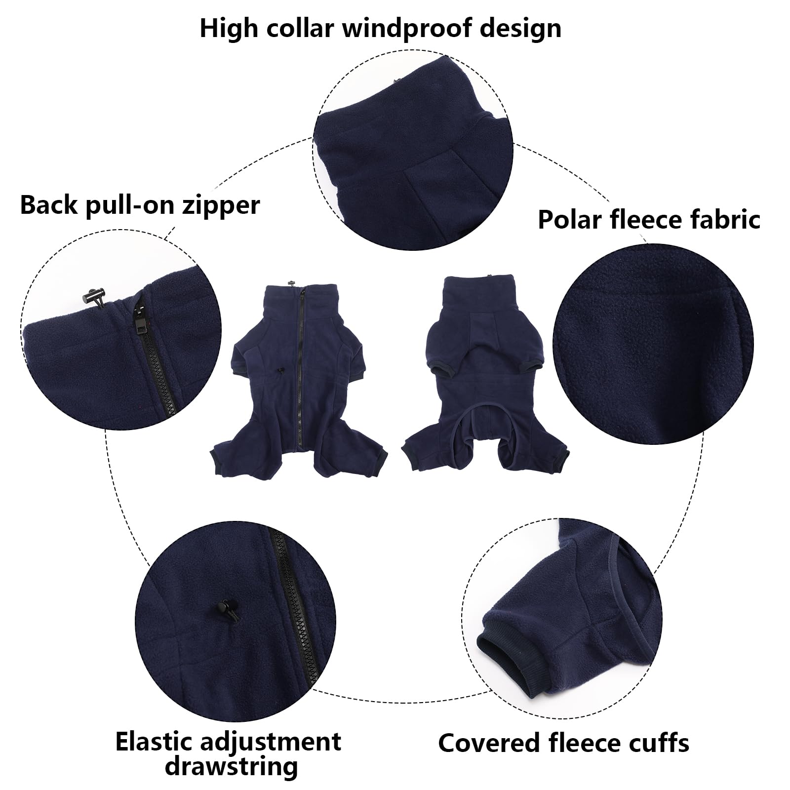 babepet Cosy Dog Fleece with Legs,Full body Pet Jacket with Zipper closure,Winter Clothes ideal for Pet Dog Outdoor or Indoor,for small medium large dogs-Navy-XS - Image 2