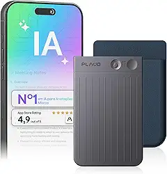 Gravador de voz com IA, gravador de áudio Plaud Note c/capa, controle de aplicativo, transcrição e resumo com tecnologia de IA, suporte a 112 idiomas (Note preta com estojo azul escuro)