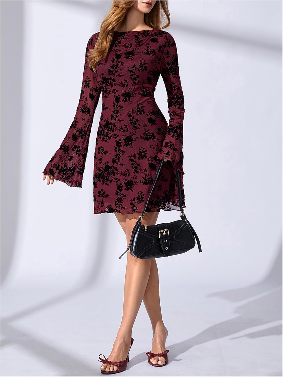 SOLY HUX Women's Floral Sexy Mesh Mini Dress Bell Long Sleeve Bodycon Going Out Dresses - Image 5