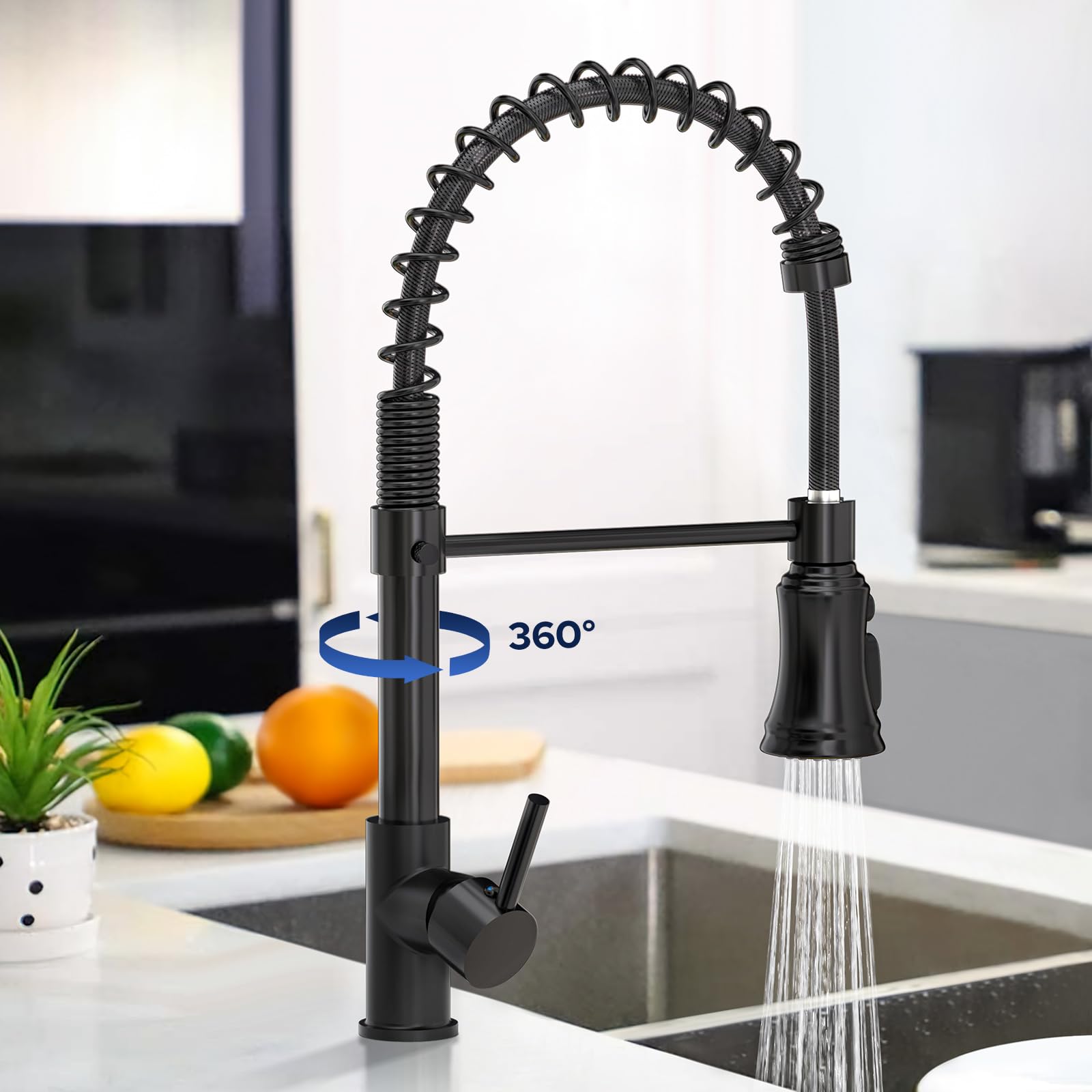Hochdruck Küchenarmatur mit Brause Ausziehbar-3 Sprühfunktionen Wasserhahn Küche, 360°Drehbar Küchenarmaturen Armatur Küche, Edelstahl Schwarz