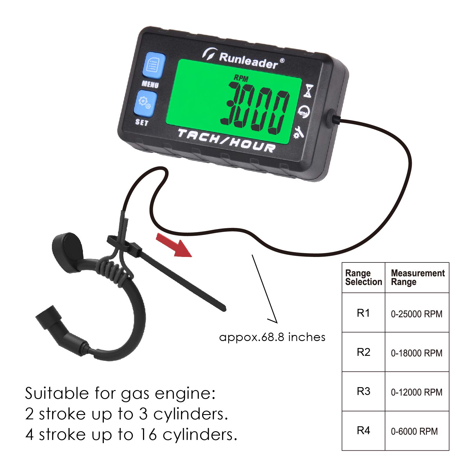 Runleader Digitaler Drehzahlmesser für kleine Motoren,größeres mehrfarbiges LCD-Display,Drehzahlwarnung, Batterie austauschbar,weiße und rote Hintergrundbeleuchtung