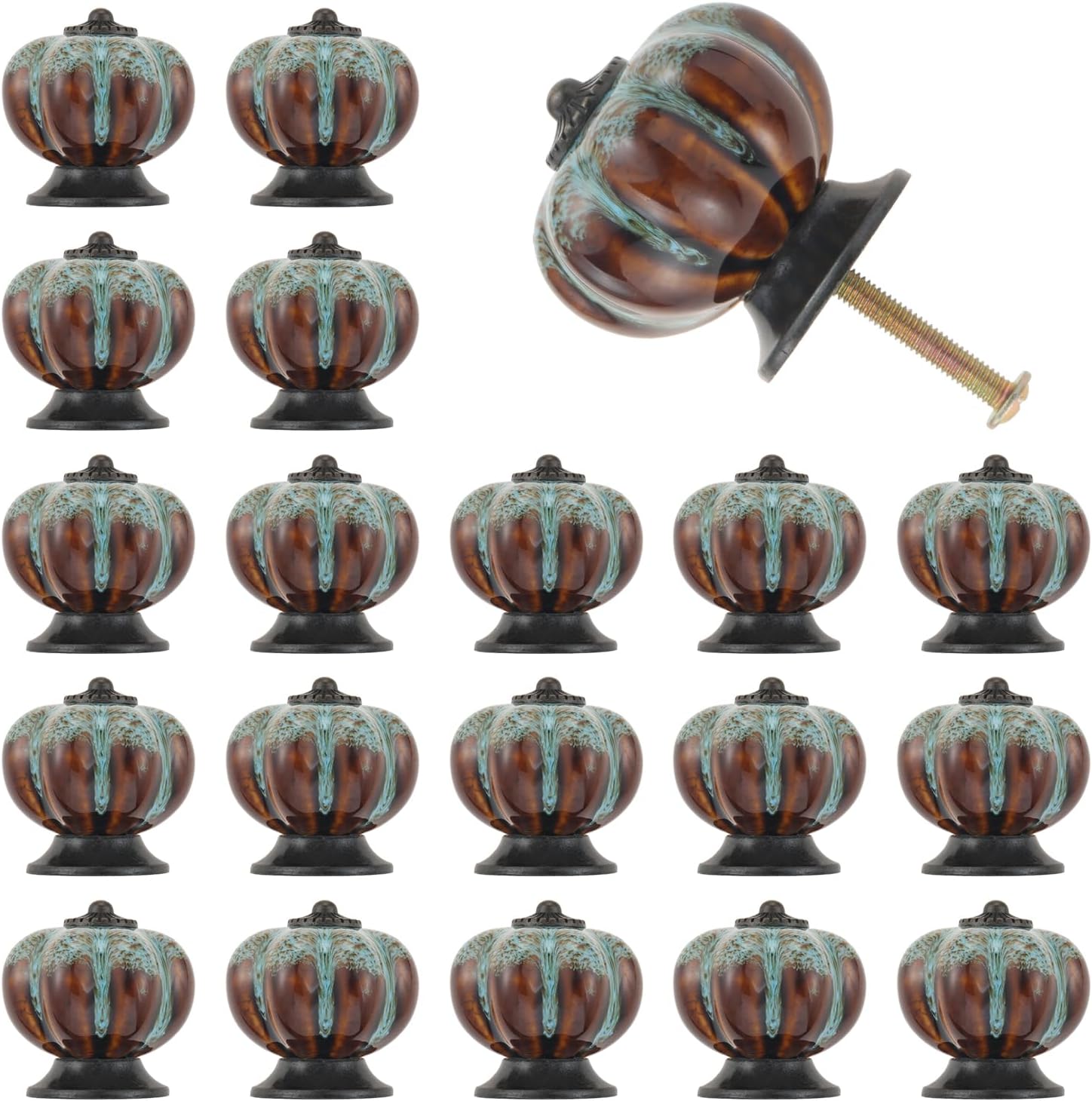 Mgoodoo 20PCS Ceramic Cabinet Knobs, 1.57'' Decorative Pumpkin Knobs for Dresser Drawer Pulls Vintage Kitchen Hardware Handle Home Decor Blue