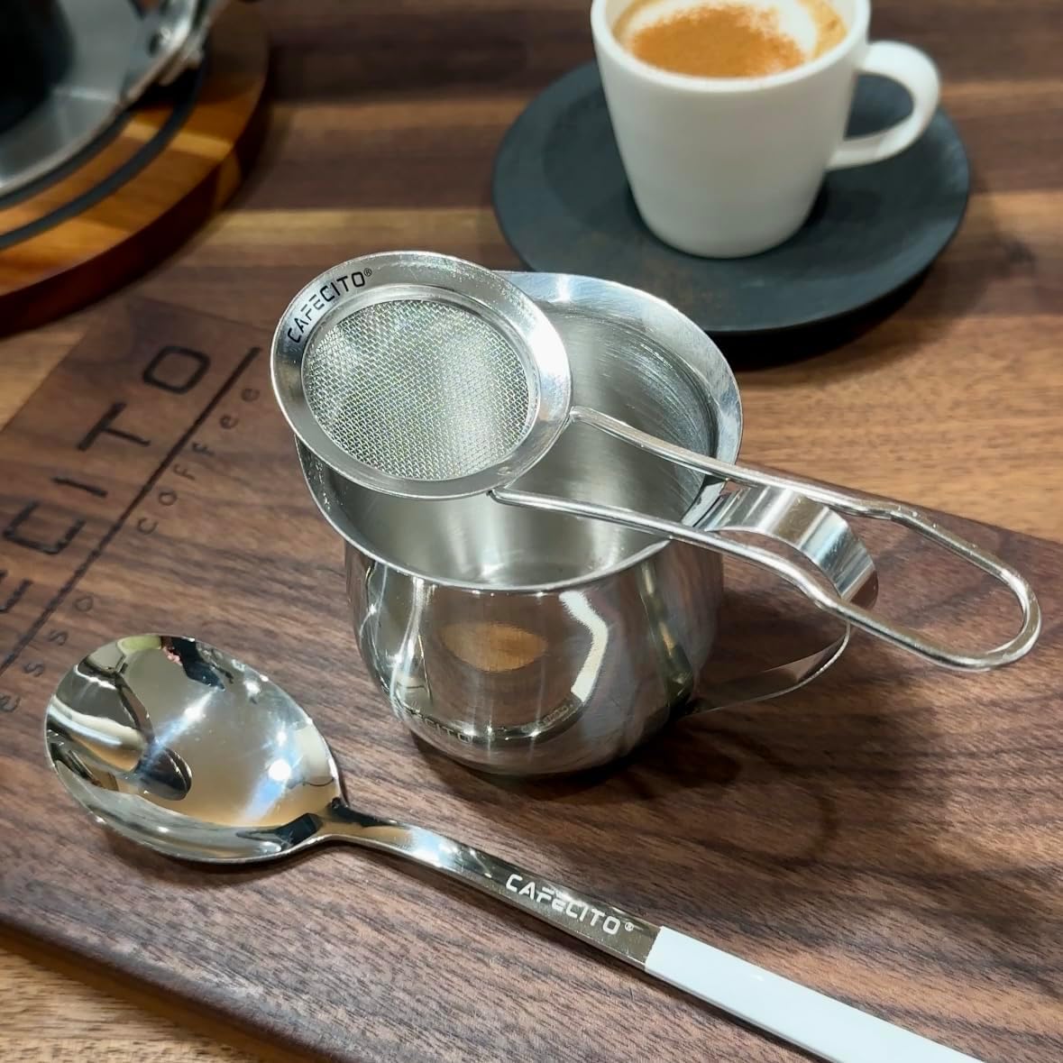 CAFECITO® Espumita Ritual & Finishing Set – Cuban Coffee Preparation Tools with 6 oz Stainless Steel Crema Pitcher, Espresso Whisking Spoon & Cocoa Sifter Spoon – Authentic Cafecito