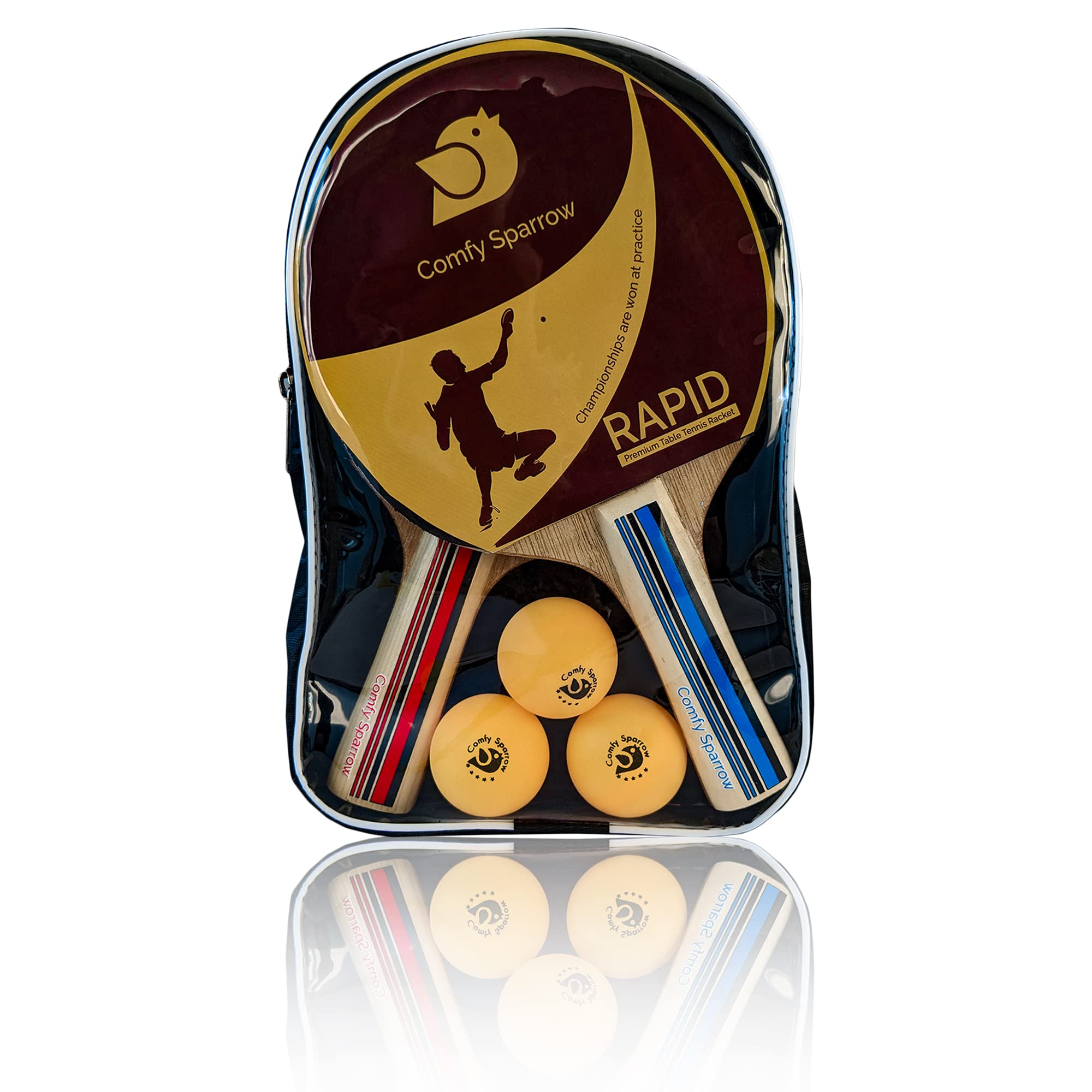 Comfy Sparrow Premium Wooden Table Tennis Kit with 2 Rackets, 3 Balls and a Zip Cover (Multi Color)