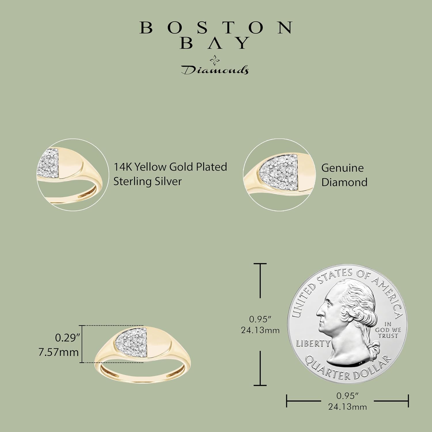 Boston Bay Diamonds Diamond Signet Ring in 14K Yellow Gold or Rhodium Plated Sterling Silver, Choice of Style