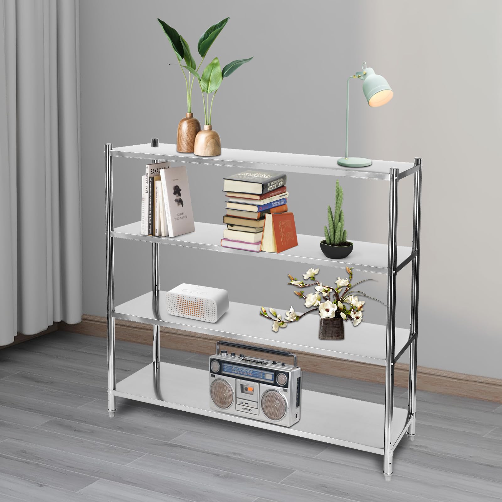 Stainless Steel Shelving, 4-Tier Floor Standing Stainless Steel Storage Shelf, 58.1x17.5x58.1in Open Height Adjustable Storage Shelf, 330lbs Each Layer, Heightened Bottom, Anti-Slip Feet, Silver